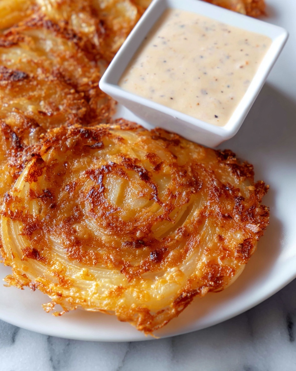 Viral 2 Ingredient Onion Ring Chips as Burger Buns Recipe 6 A large white plate holding a whole, crispy golden potato rösti bun sandwich stacked with a thick juicy beef patty, fresh green lettuce leaves, and a generous drizzle of creamy spiced sauce, the top and bottom buns made entirely of perfectly browned spiral-patterned potato rösti with crispy edges, arranged as a complete intact burger, photographed from a 3/4 angle on a white marble countertop with natural lighting, professional food styling photo taken with an iphone --ar 4:5 --v 7