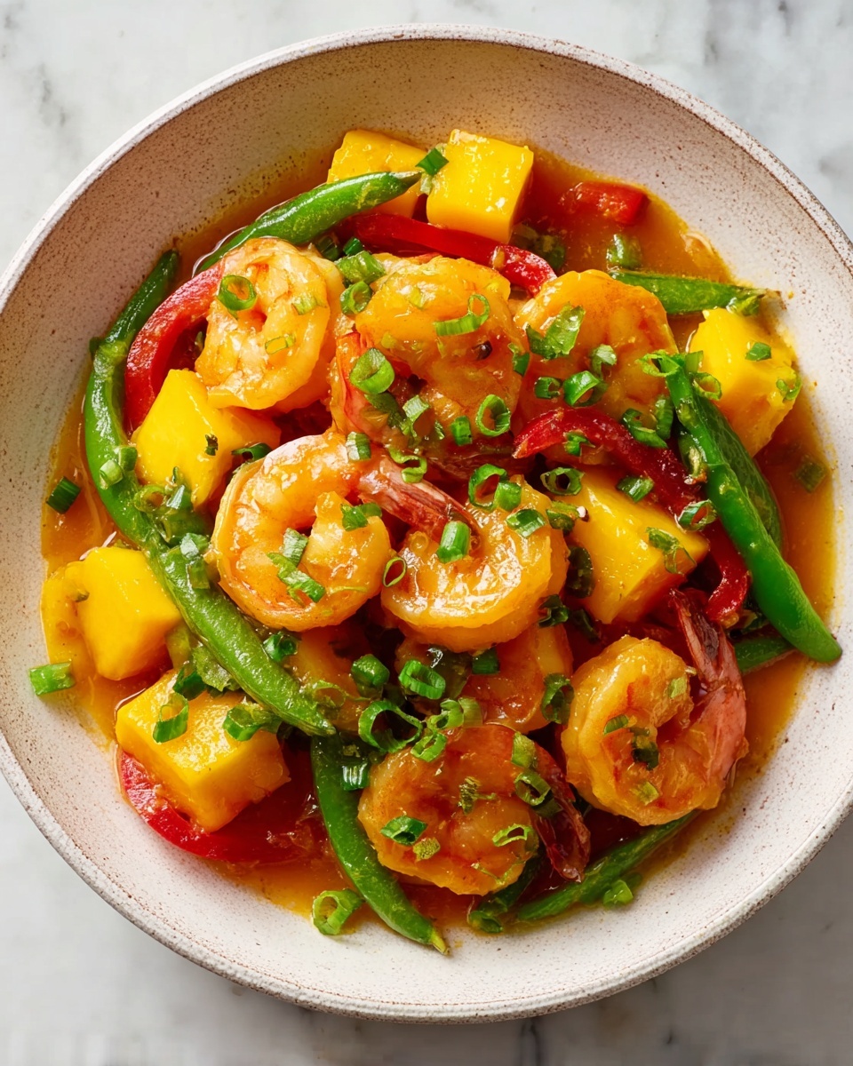 Mango Habanero Shrimp Stir Fry: Spicy Sweet Recipe 6 Large white serving bowl filled with a vibrant shrimp stir-fry featuring numerous plump, glistening shrimp cooked with bright red and yellow bell peppers and crisp green beans, all coated in a glossy, flavorful sauce and garnished generously with chopped green onions, whole dish photographed from a 3/4 angle on a white marble countertop, professional natural lighting food styling photo taken with an iphone --ar 4:5 --v 7