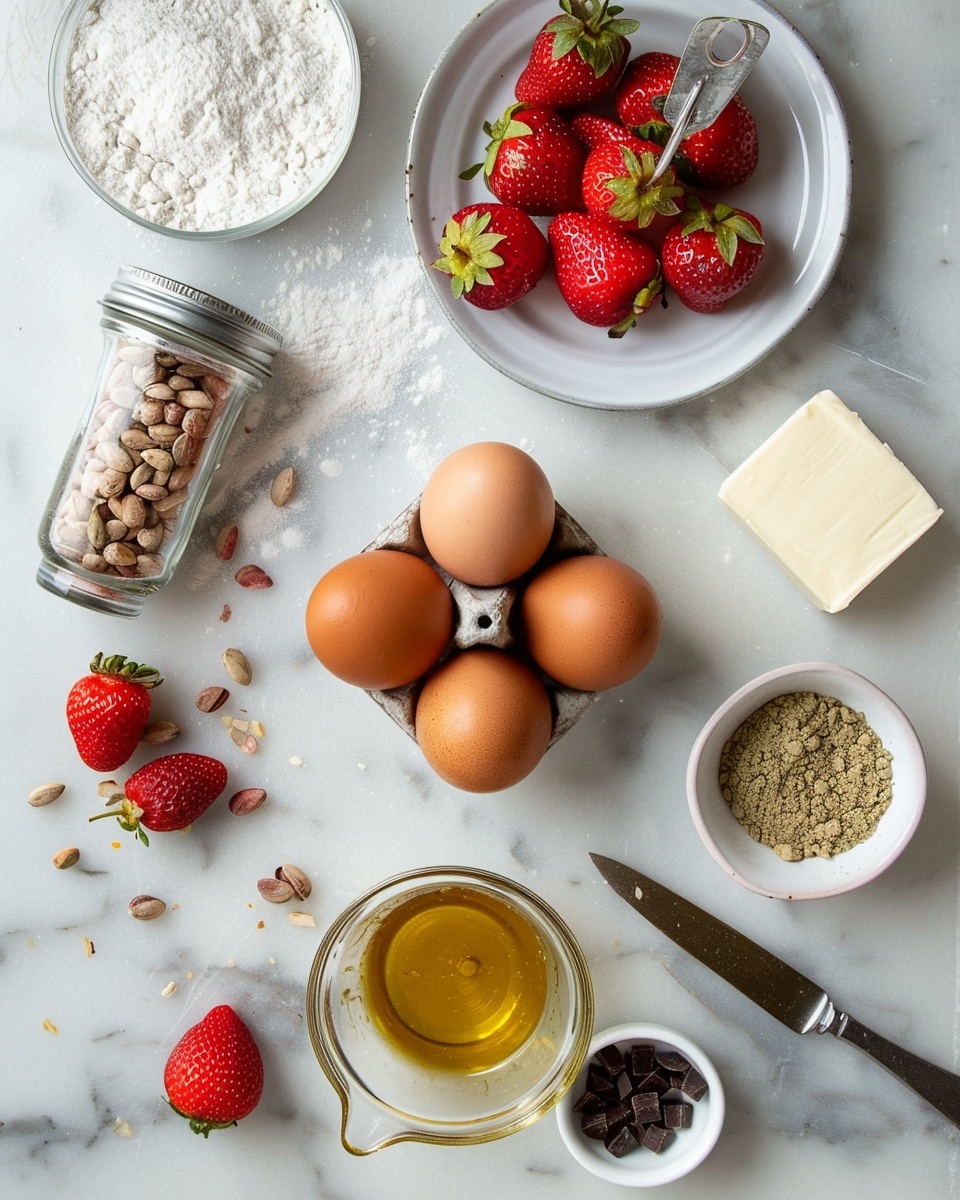 Single white square plate with one large slice of pistachio and strawberry blondie cake, showing a close-up angled view that reveals the dense, moist interior studded with fresh strawberry pieces and green pistachio bits, topped with a generous drizzle of melted chocolate and scattered strawberry chunks, placed on a white marble surface with natural lighting highlighting the rich texture and colors, styled as an intimate plated serving from a food blog, photo taken with an iphone --ar 4:5 --v 7