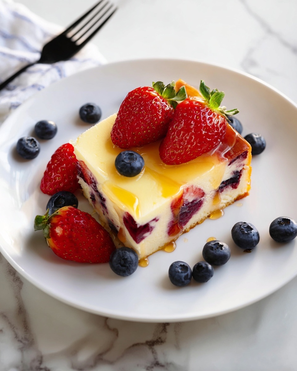 Baked Yogurt with Berries Recipe 6 Square baking pan lined with parchment paper filled with a whole freshly baked berry cheesecake featuring whole strawberries and blueberries baked into the creamy custard top, the edges golden brown and slightly puffed, surrounded by fresh strawberries and blueberries in clear containers on a white marble surface, natural light highlighting the rich colors and textures, professional overhead food styling photo taken with an iphone --ar 4:5 --v 7