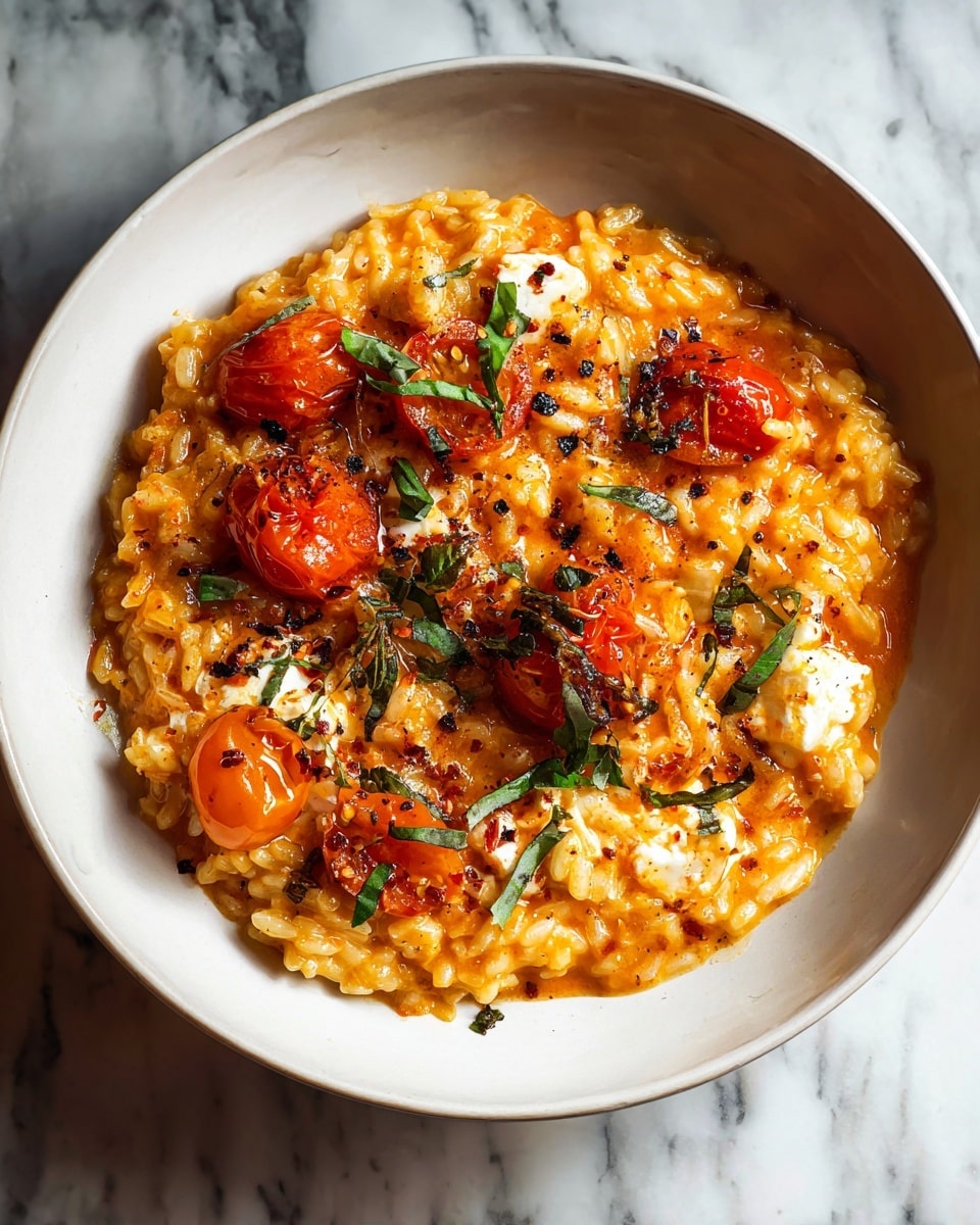 Large white enameled cast iron pot filled with creamy tomato risotto, showcasing plump cherry tomatoes, melted mozzarella chunks, and fresh herbs sprinkled on top, with a slight char on some tomatoes adding a smoky contrast, the rich and velvety sauce enveloping every grain of rice, photographed from a 3/4 angle on a white marble countertop, bathed in natural light, styled as a hero shot from a food magazine, whole dish fully visible in frame, photo taken with an iphone --ar 4:5 --v 7