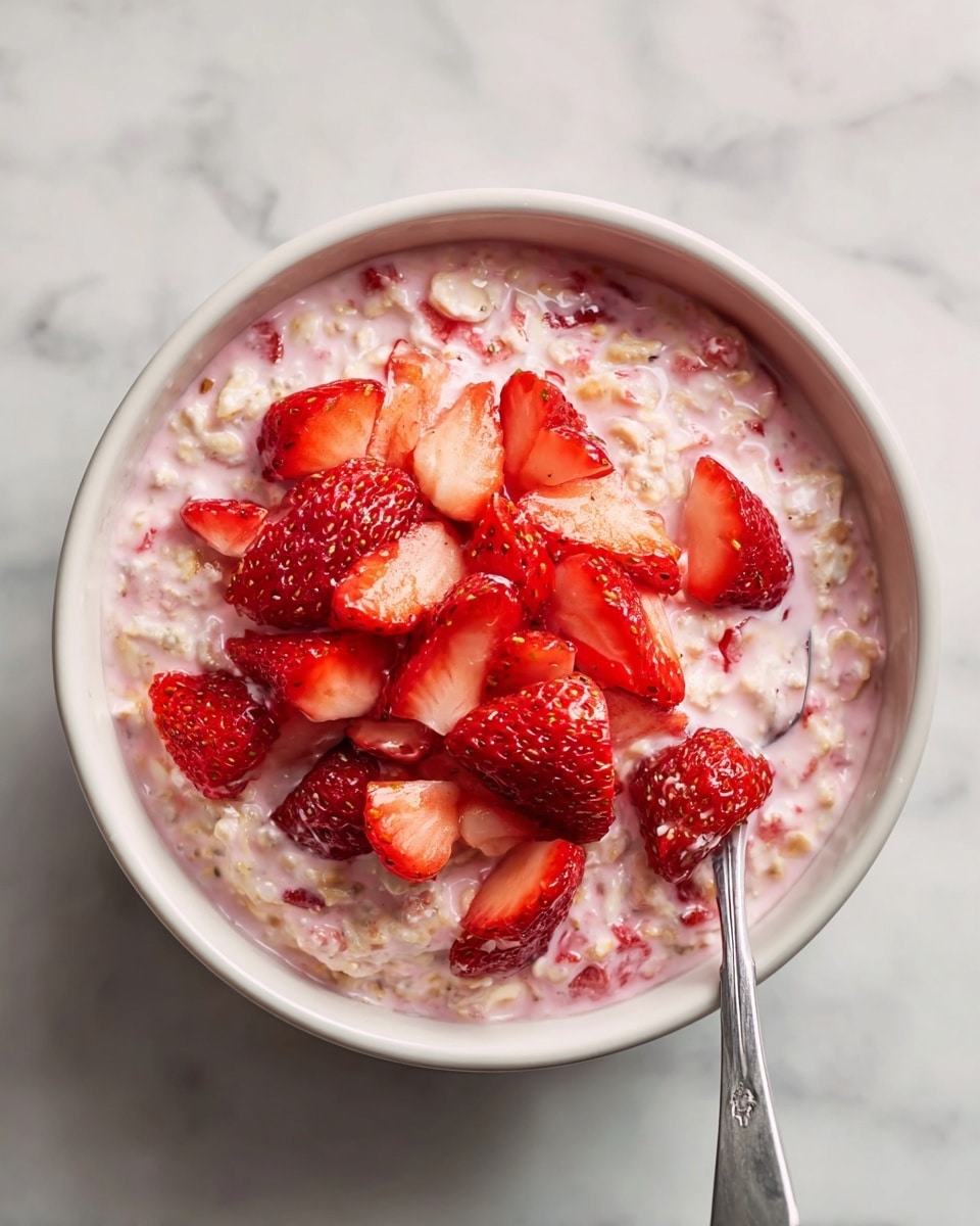 Large white ceramic bowl filled with creamy strawberry overnight oats, showing a generous mixture of oats soaked in pink strawberry-infused milk, topped with an abundance of fresh, halved strawberries glistening in natural light, whole dish photographed from a slight 3/4 angle on a white marble countertop, professional food styling photo taken with an iphone --ar 4:5 --v 7
