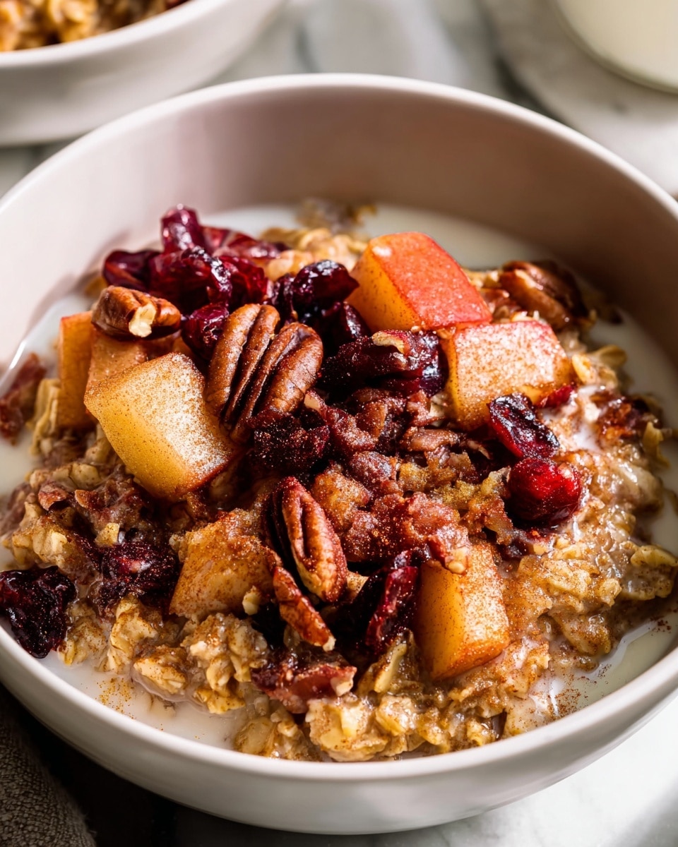 Large white bowl filled with a generous serving of cooked oatmeal topped with a hearty mixture of stewed fruit including apples, dried cranberries, and pecans, showing the full serving of warm, comforting oatmeal and fruit topping, garnished with a sprinkle of cinnamon, photographed from a 3/4 angle on a white marble countertop with natural lighting, styled as a professional food magazine hero shot, photo taken with an iphone --ar 4:5 --v 7