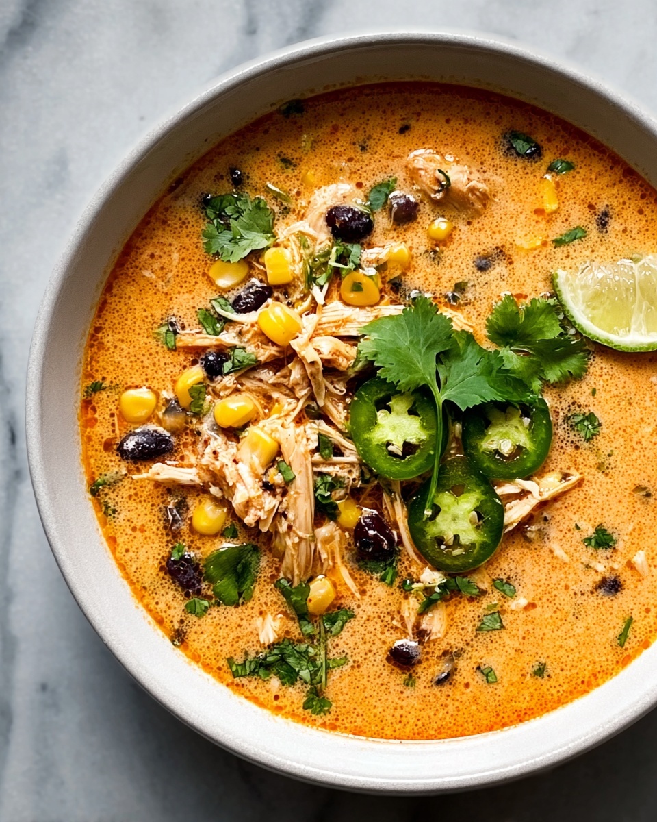 Creamy Chicken Poblano Soup with Black Beans, Corn, and Lime Recipe 6 Large white serving bowl filled with creamy Mexican chicken soup garnished with whole black beans, bright yellow corn kernels, shredded chicken, chopped fresh cilantro, and lime wedges on the side, showing the entire hearty dish with an inviting rich orange broth, photographed from a 3/4 angle on a white marble countertop with natural lighting, professional food styling photo taken with an iphone --ar 4:5 --v 7