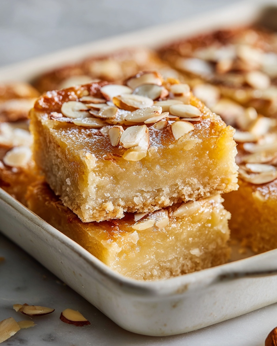 Whole large square almond bar dessert in a white ceramic baking dish, showcasing a golden slightly glossy top sprinkled with whole almond slices, thick and dense with a rich almond filling and crumbly base visible through translucent edges, photographed from a 3/4 angle on a white marble background with natural lighting, styled as a hero food magazine shot, photo taken with an iphone --ar 4:5 --v 7
