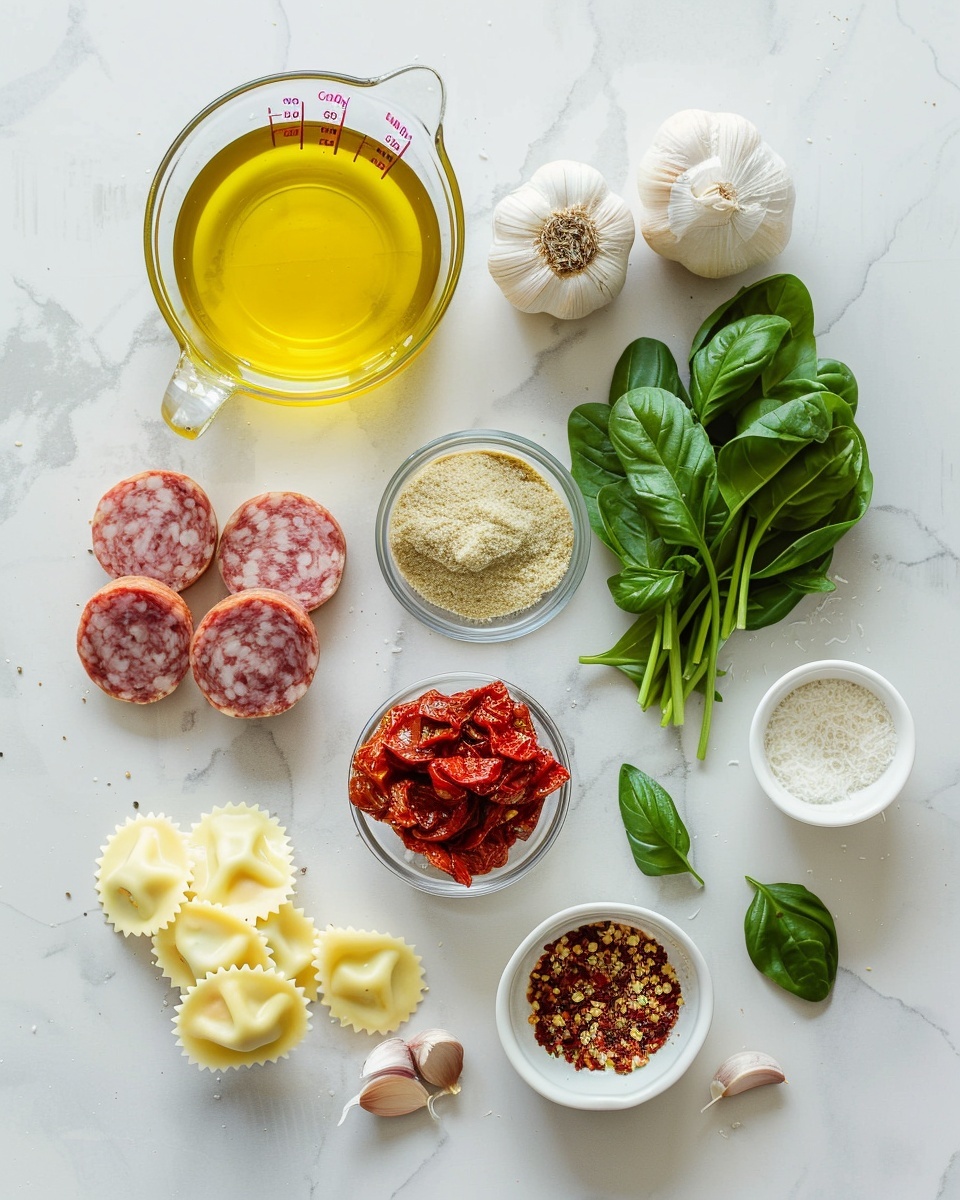 Creamy Tuscan Ravioli Soup Recipe 5 Single white shallow bowl containing a close-up portion of cheese-filled ravioli drenched in a creamy white sauce, speckled generously with cracked black pepper, visible chunks of sautéed tomatoes, and vibrant spinach leaves, showcasing the soft ravioli texture and the rich, velvety sauce coating each piece, natural lighting highlighting the gentle sheen on the pasta and sauce, placed on a white marble surface, intimate plated serving photo taken with an iphone --ar 4:5 --v 7