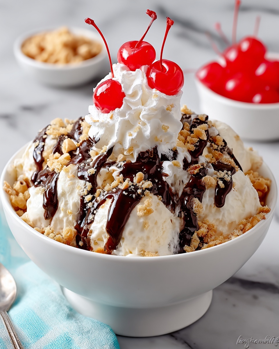 Banana Split Fluff Salad Recipe 6 Large white bowl filled with a whole serving of classic ice cream sundae, generously topped with whipped cream, rich chocolate sauce drizzled over the scoops, sprinkled with crunchy toffee or cookie crumble pieces, and crowned with bright red maraschino cherries, all presented from a professional 3/4 angle on a white marble surface with natural lighting, styled as a striking hero shot from a food magazine photo taken with an iphone --ar 4:5 --v 7