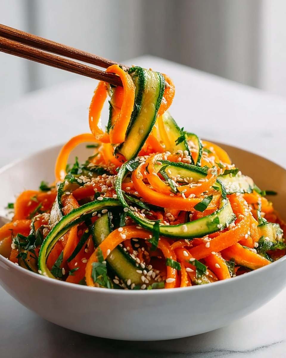 Cucumber Carrot Salad with Spicy Gochugaru Dressing Recipe 6 Large white bowl filled with vibrant zucchini and carrot ribbons dressed in a glossy sesame dressing, sprinkled with toasted sesame seeds, finely chopped fresh herbs, and scattered chili flakes, showcasing the full fresh salad with bright green and orange colors, photographed at a 3/4 angle on a white marble countertop with natural light, professional food styling photo taken with an iphone --ar 4:5 --v 7