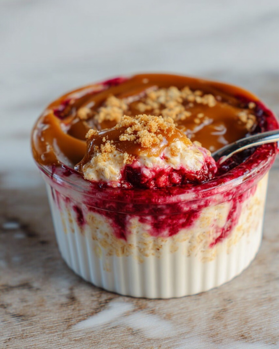 Easy Biscoff Overnight Oats Recipe 6 Large white serving bowl filled with creamy layered rice pudding, featuring thick swirls of vibrant raspberry sauce in the middle layer, topped with a smooth caramel glaze and sprinkled with crunchy golden biscuit crumbles arranged evenly around the edge, whole dish photographed from a 3/4 angle on a white marble countertop under natural lighting, professional food magazine style hero shot photo taken with an iphone --ar 4:5 --v 7
