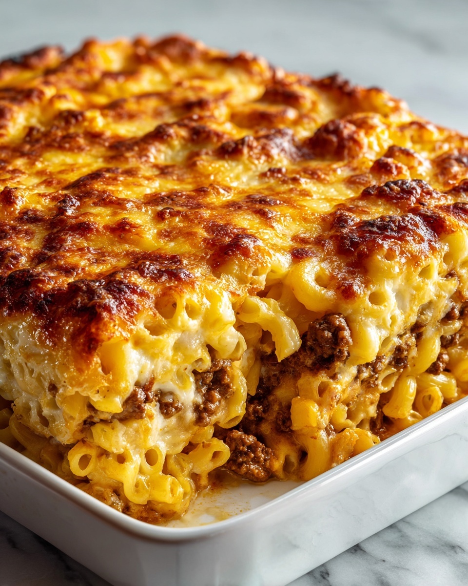 White rectangular baking dish filled with a golden baked macaroni and ground beef casserole, layers of tender elbow macaroni and seasoned ground beef visible beneath a bubbly, perfectly browned cheese crust on top, whole dish captured from a slight 3/4 angle on a white marble background with natural light, styled like a hero food magazine photo, photo taken with an iphone --ar 4:5 --v 7
