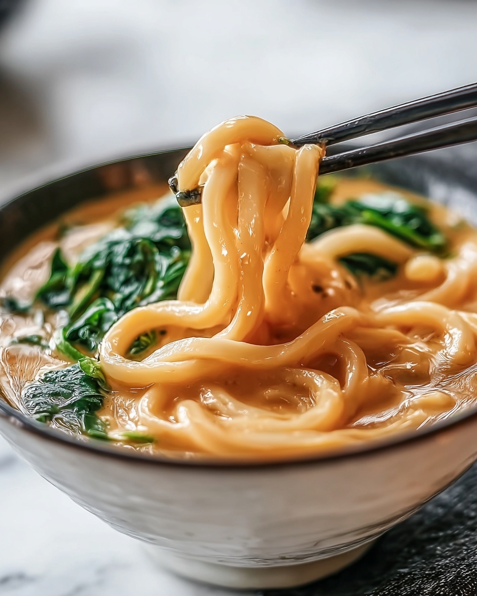 Large white bowl filled with a generous serving of creamy udon noodle soup, featuring thick, glossy udon noodles submerged in rich broth with vibrant green spinach leaves, whole dish photographed from a 3/4 angle on a white marble countertop, natural lighting, professional food magazine hero shot photo taken with an iphone --ar 4:5 --v 7