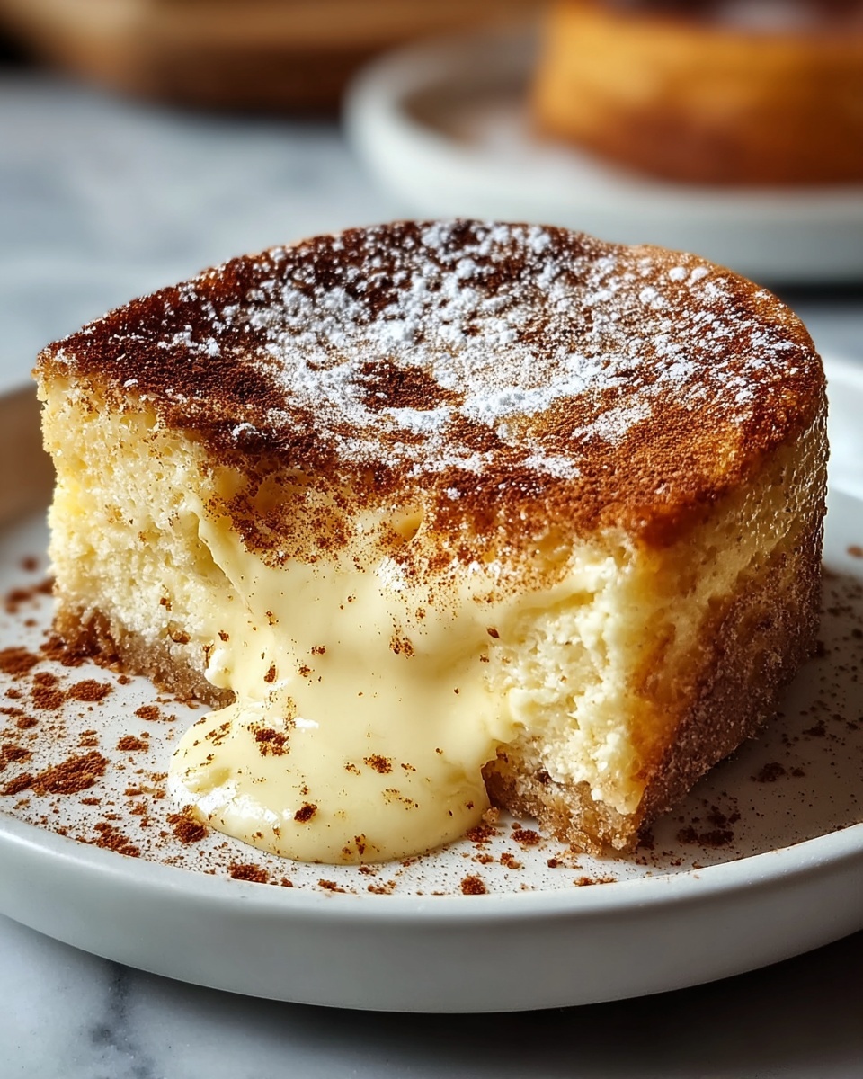A pristine white plate holding a whole, round baked custard cake with a perfectly caramelized golden brown top sprinkled with cinnamon, showing a smooth, creamy interior just oozing slightly at the edges, capturing the rich vanilla-speckled custard filling beneath the delicate crust, the entire dessert centered and framed on a white marble countertop with natural lighting, styled as a professional hero food shot, photo taken with an iphone --ar 4:5 --v 7