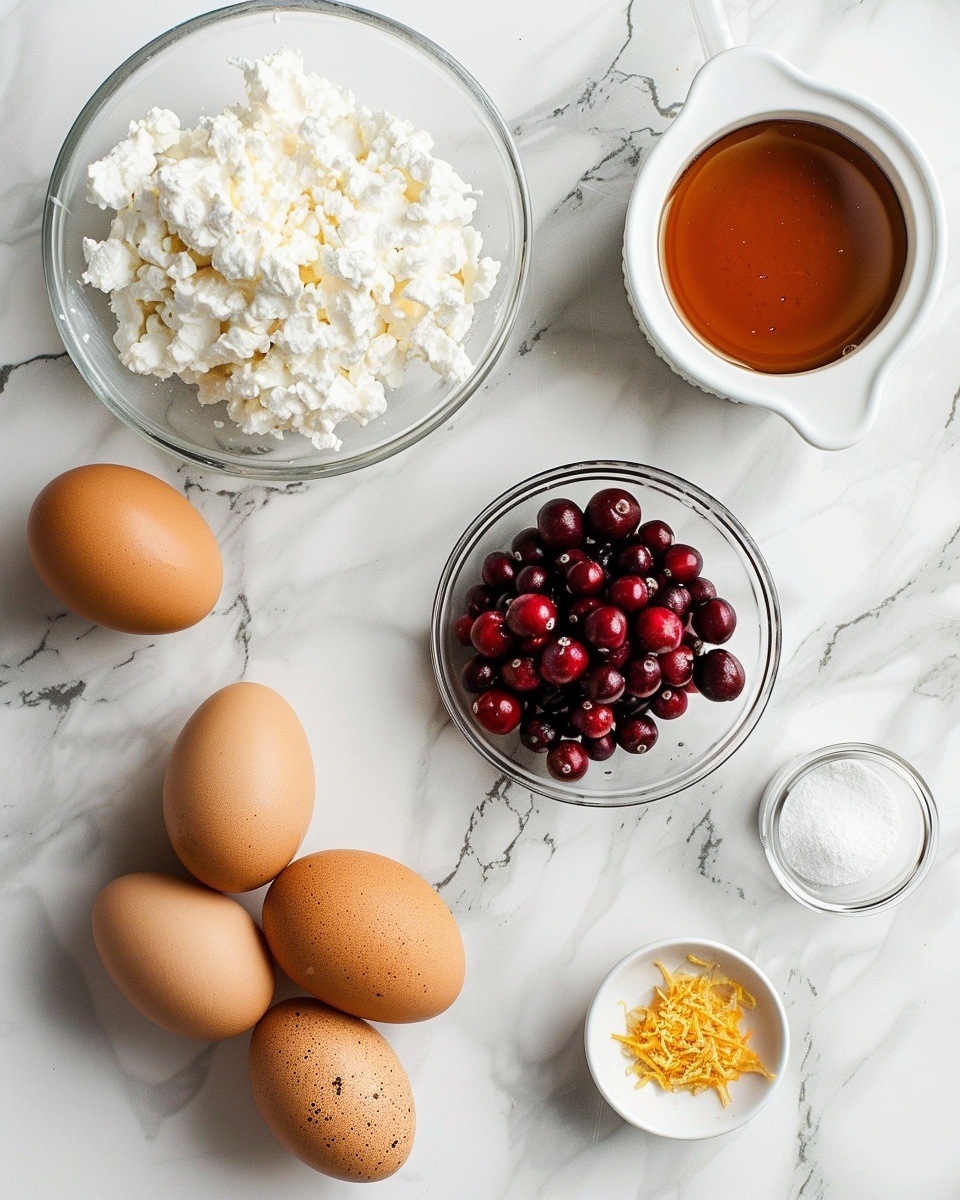 Amazing 10-Minute Cranberry Orange Cottage Cheese Bake Recipe 5 Single white ramekin filled with a creamy baked custard topped generously with glossy, bright red cranberries, close-up angle capturing the smooth, velvety texture of the custard beneath a slightly caramelized golden-brown surface, some cranberries bursting to reveal juice, placed on a white marble surface, natural lighting highlighting the vibrant colors, intimate plated serving photo taken with an iphone --ar 4:5 --v 7