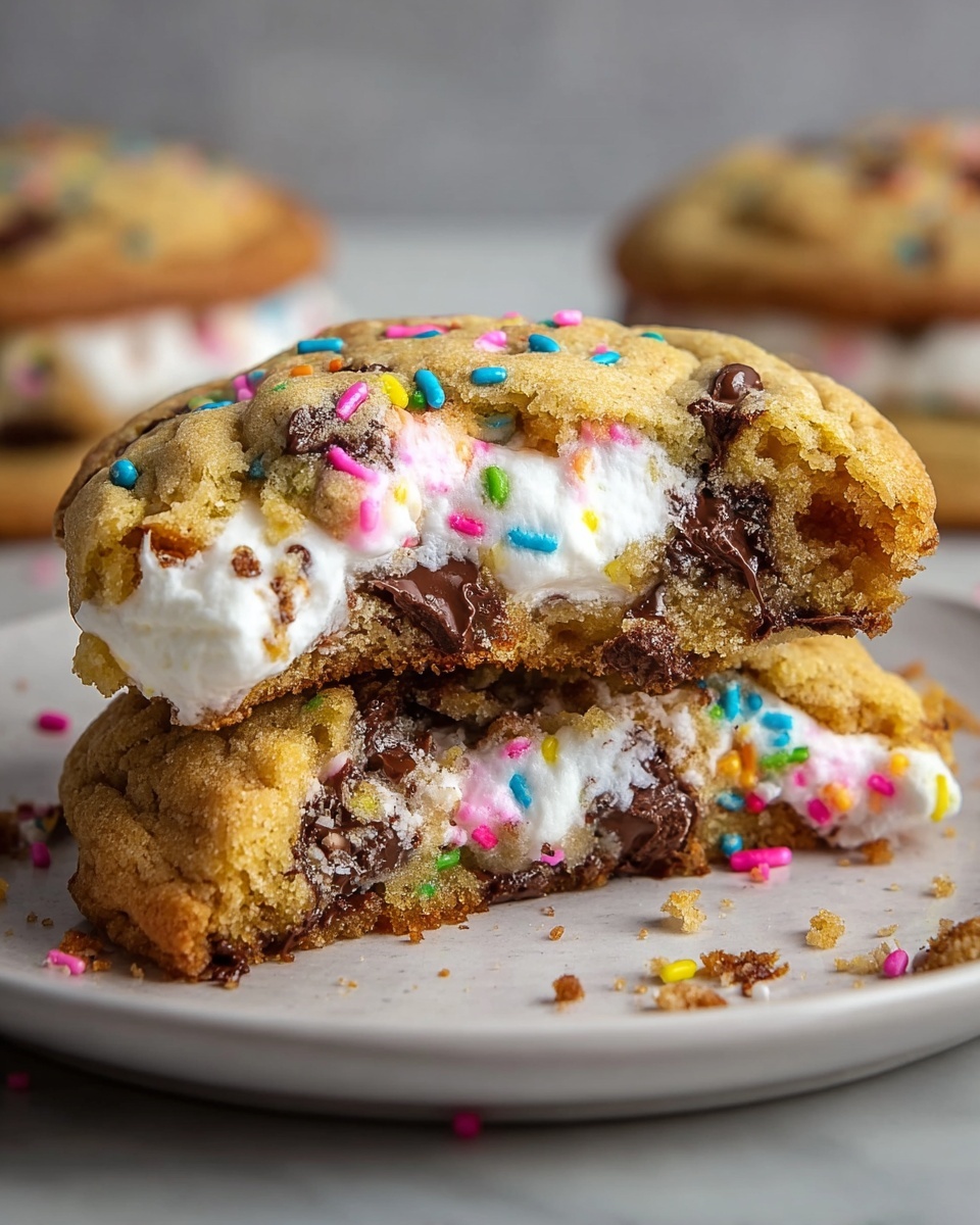 Large white plate piled with a batch of freshly baked chocolate chip cookies, each cookie generously studded with colorful rainbow sprinkles and oozing with rich melted chocolate and creamy marshmallow filling, arranged to showcase their golden-brown edges and soft, chewy texture, all photographed from a 3/4 angle on a white marble countertop with natural lighting, professional food styling photo taken with an iphone --ar 4:5 --v 7