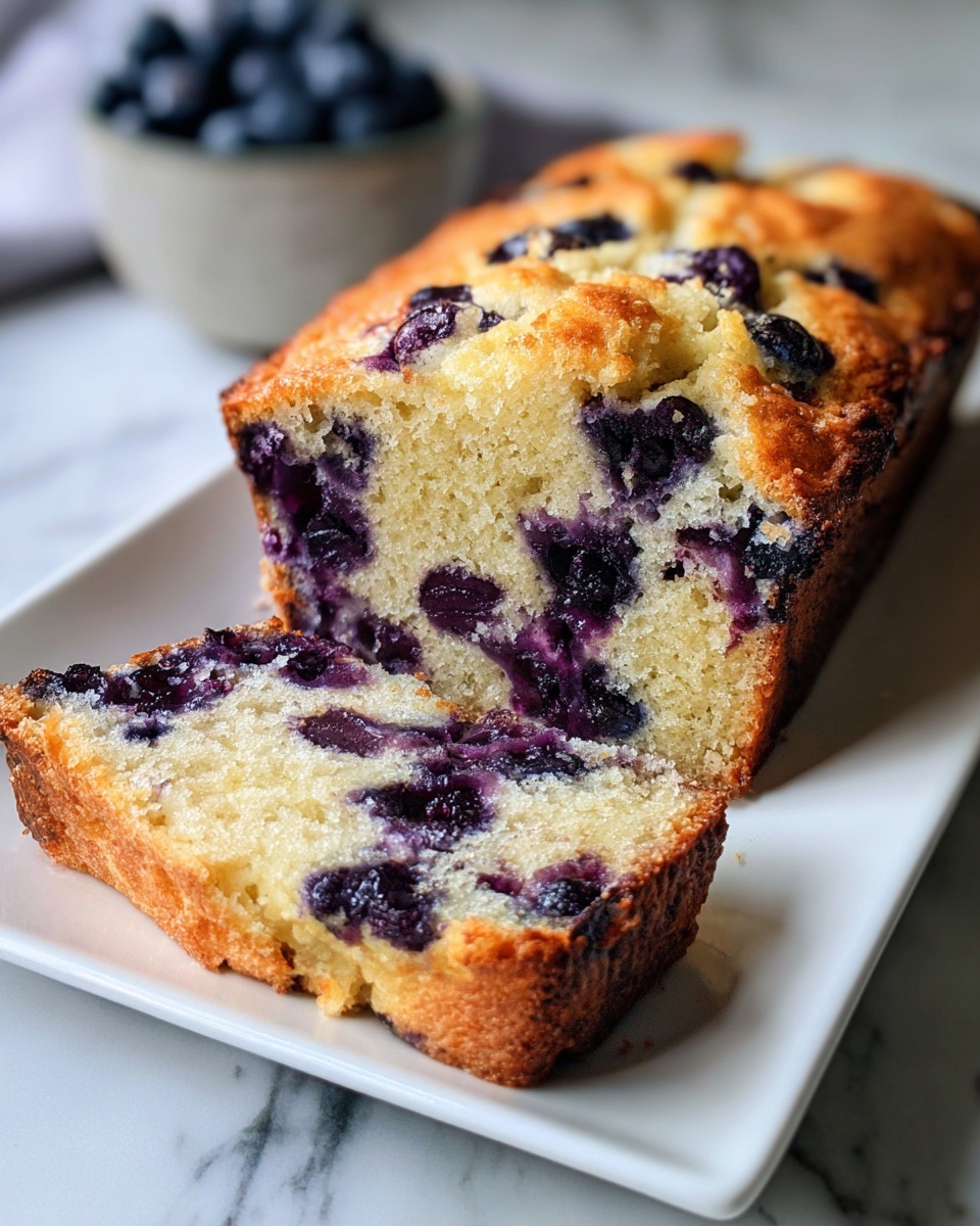 Large rectangular white baking pan filled with a whole freshly baked golden blueberry loaf cake, the surface showing plump blueberries bursting through the soft, slightly cracked crust, arranged neatly on a white marble countertop, captured with natural lighting from a professional 3/4 angle food magazine style hero shot, photo taken with an iphone --ar 4:5 --v 7