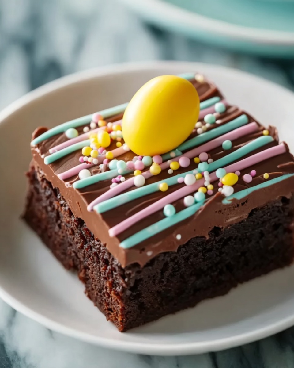 A large white rectangular serving tray filled with a full batch of glossy chocolate brownies, each square topped with vibrant pastel-colored icing stripes in pink, yellow, and turquoise, decorated with multicolored round sprinkles and topped with small pastel candy eggs in blue, yellow, pink, and green, arranged neatly in rows showcasing the entire tray without any pieces removed, photographed from a 3/4 angle on a white marble countertop with natural lighting, styled like a hero shot from a food magazine, photo taken with an iphone --ar 4:5 --v 7