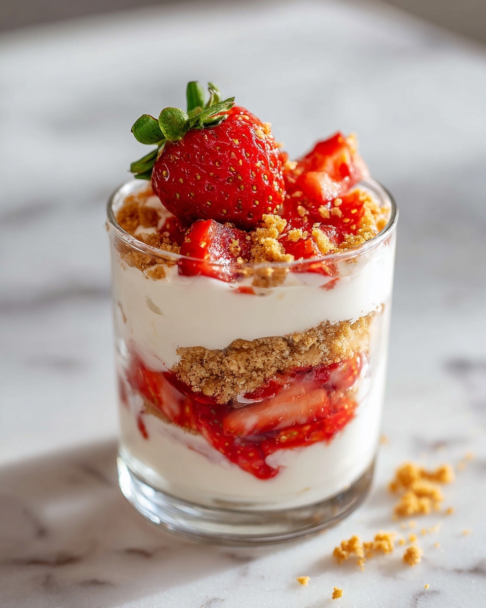 High Protein Cheesecake Jars Recipe 6 A large white rectangular serving dish filled with a layered strawberry parfait, showcasing a base of finely crushed graham crackers, followed by a thick layer of creamy whipped cream, fresh diced strawberries spread evenly, another layer of graham cracker crumbs, and topped with a smooth layer of whipped cream sprinkled with additional strawberry pieces and whole fresh strawberries as decoration, the entire parfait dish displayed in full, captured from a 3/4 angle on a white marble countertop with natural lighting, styled as a professional food magazine hero shot photo taken with an iphone --ar 4:5 --v 7