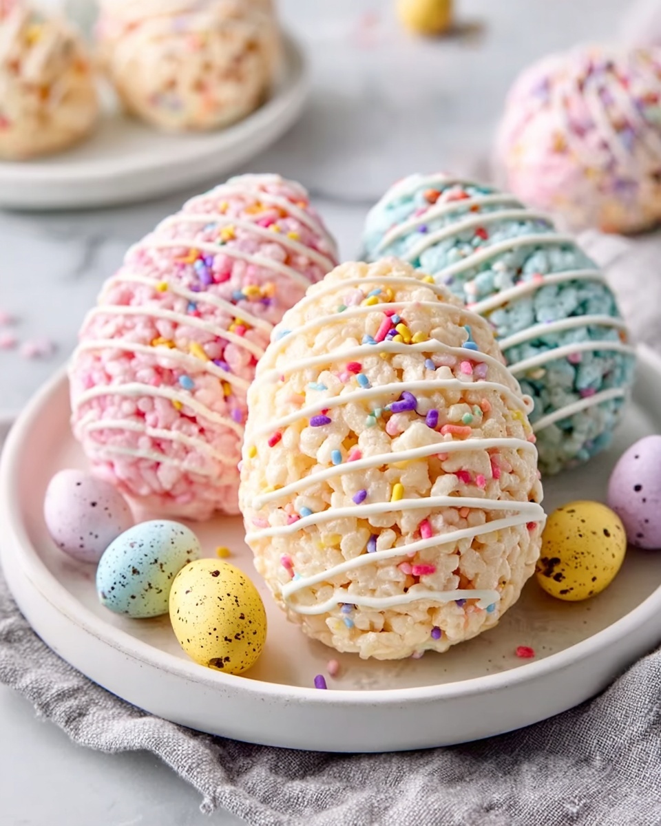 Large white round platter featuring eight colorful Easter egg-shaped rice crispy treats in pastel pink, yellow, purple, and blue, each drizzled with white icing and topped with multicolored sprinkle confetti, surrounded by assorted speckled candy eggs, displayed on a white marble surface with natural lighting, professional food magazine hero shot photo taken with an iphone --ar 4:5 --v 7
