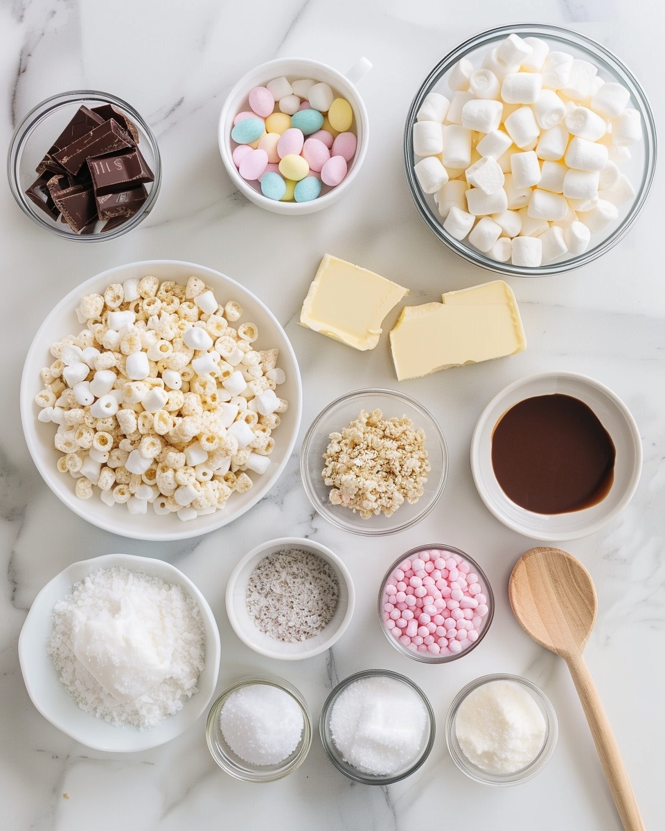 Single white plate presenting one pastel-colored Easter egg-shaped rice crispy treat, decorated with white drizzle and colorful sprinkles, close-up angled view emphasizing the crispy texture and airy interior of the treat, accompanied by a couple of small speckled candy eggs as garnish, placed on a white marble surface with natural lighting, styled like a food blog individual serving photo taken with an iphone --ar 4:5 --v 7
