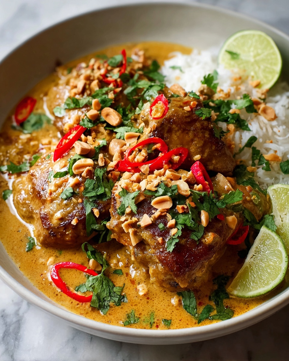 Large white shallow serving dish filled with a whole Thai peanut chicken curry, featuring several perfectly browned chicken thighs submerged in a rich, creamy peanut sauce, garnished with vibrant red chili slices, chopped roasted peanuts, fresh cilantro, and green chives, accented by lime wedges around the edges, all arranged neatly and vividly on a white marble countertop, natural lighting enhancing the colors and textures, professional food styling, hero shot photo taken with an iphone --ar 4:5 --v 7