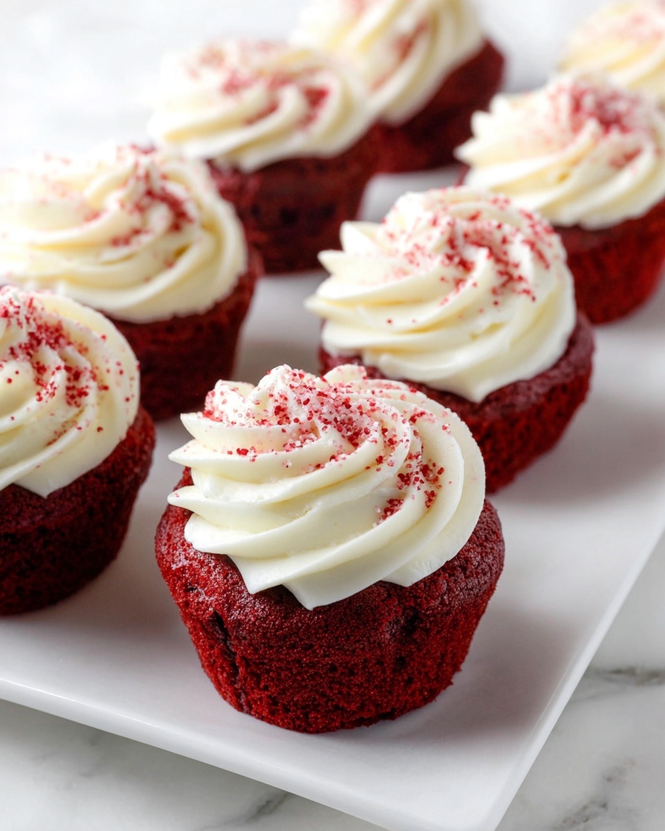 A white rectangular platter filled with a dozen whole red velvet cupcakes topped with generous swirls of creamy white frosting sprinkled with red sugar crystals, all cupcakes uniformly decorated and arranged neatly on a white marble surface, captured in natural lighting with a professional 3/4 angle shot, showcasing the vibrant red color and smooth frosting texture, photo taken with an iphone --ar 4:5 --v 7
