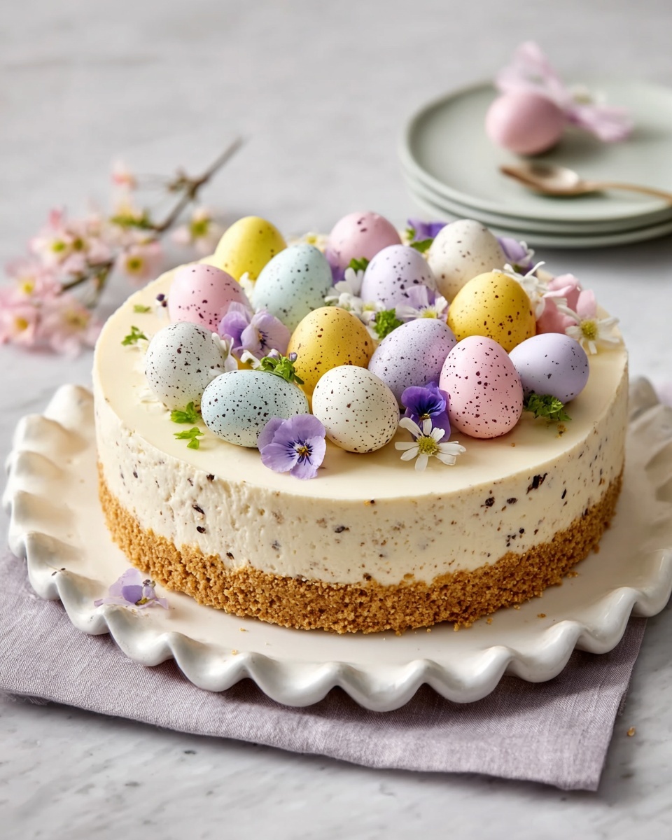 Easter No-Bake Mini Egg Cheesecake Recipe 6 Whole round cheesecake with a crunchy golden biscuit base, topped with smooth, creamy white speckled filling, lavishly decorated with an arrangement of pastel-colored speckled candy eggs in soft pink, yellow, blue, and purple hues, and adorned with delicate edible spring flowers in shades of pink, white, and violet, presented on a large white scalloped ceramic plate, photographed with natural light on a white marble background from a 3/4 angle, professional food styling photo taken with an iphone --ar 4:5 --v 7