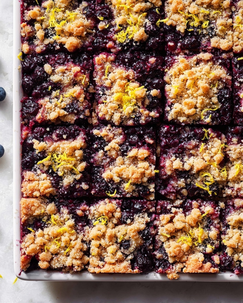 Gluten Free Blueberry Crumble Bars Recipe 6 A full rectangular white baking dish filled with an uncut blueberry crumb bar, featuring a deep purple, juicy blueberry filling topped generously with golden, crumbly streusel and sprinkled with delicate lemon zest, the entire dessert showing a luscious, inviting texture and vibrant colors, photographed from above on a white marble background with natural light, styled professionally as a hero food shot photo taken with an iphone --ar 4:5 --v 7