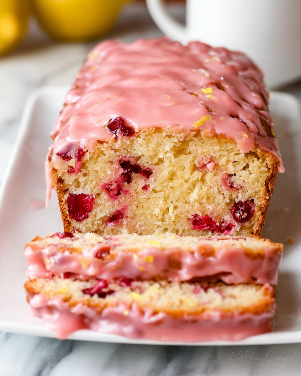Gluten-Free Strawberry Lemon Bread Recipe 6 Whole lemon cranberry loaf cake glazed with a smooth pink frost cascading over the top, studded with vibrant red cranberries and tender lemon pieces throughout, presented on a large white serving platter, styled as a hero shot from a food magazine with natural lighting on a white marble background, professional 3/4 angle photo taken with an iphone --ar 4:5 --v 7