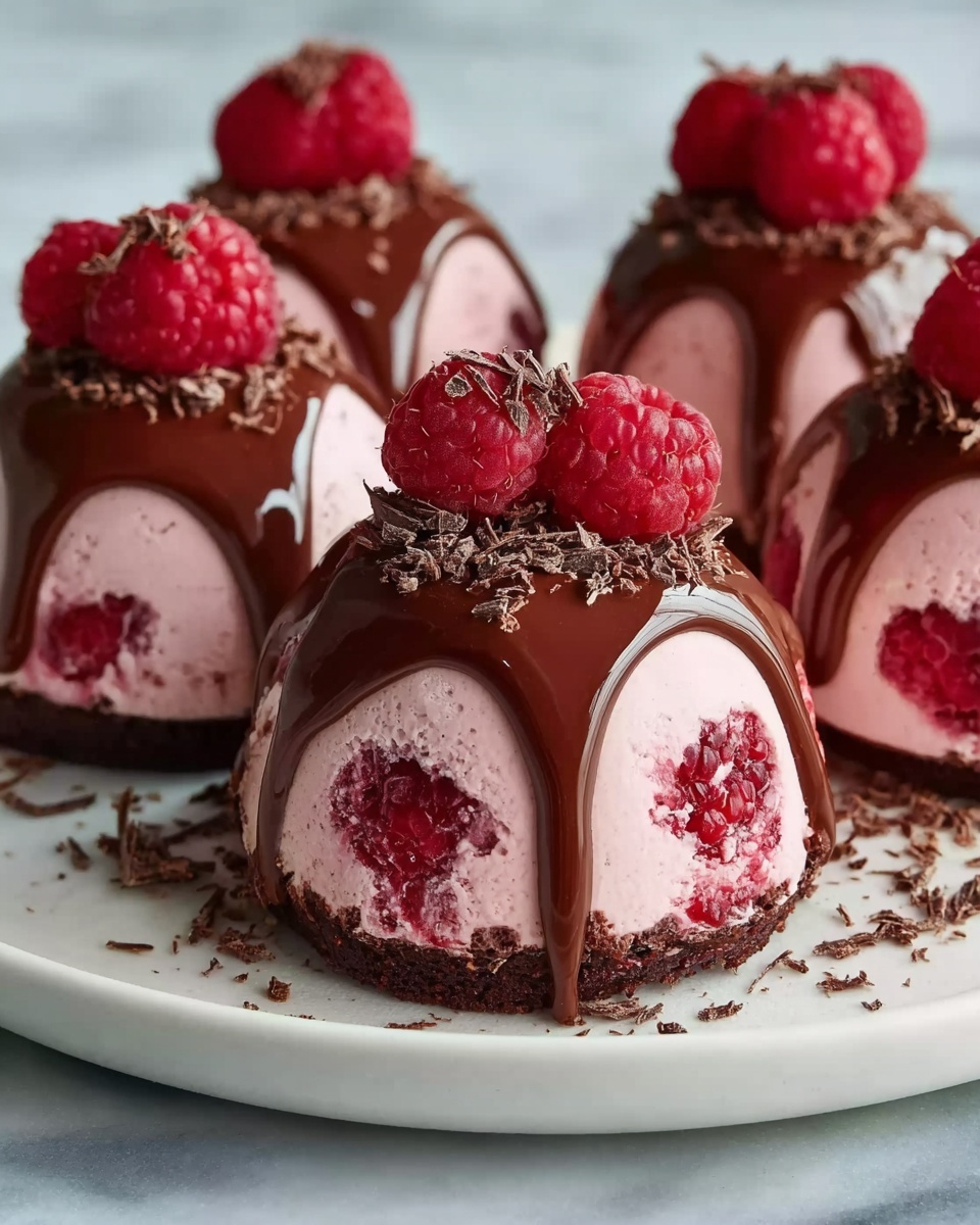 A pristine white plate featuring a full set of six perfectly shaped dome desserts arranged neatly in a circle, each dessert showcasing a smooth pink mousse embedded with whole raspberries, topped generously with glossy melted chocolate dripping down the sides, finished with fresh raspberries and sprinkled with delicate chocolate flakes around the rims, all captured in a professional 3/4 angle shot on a white marble countertop with natural lighting, styled like a hero shot in a food magazine, photo taken with an iphone --ar 4:5 --v 7