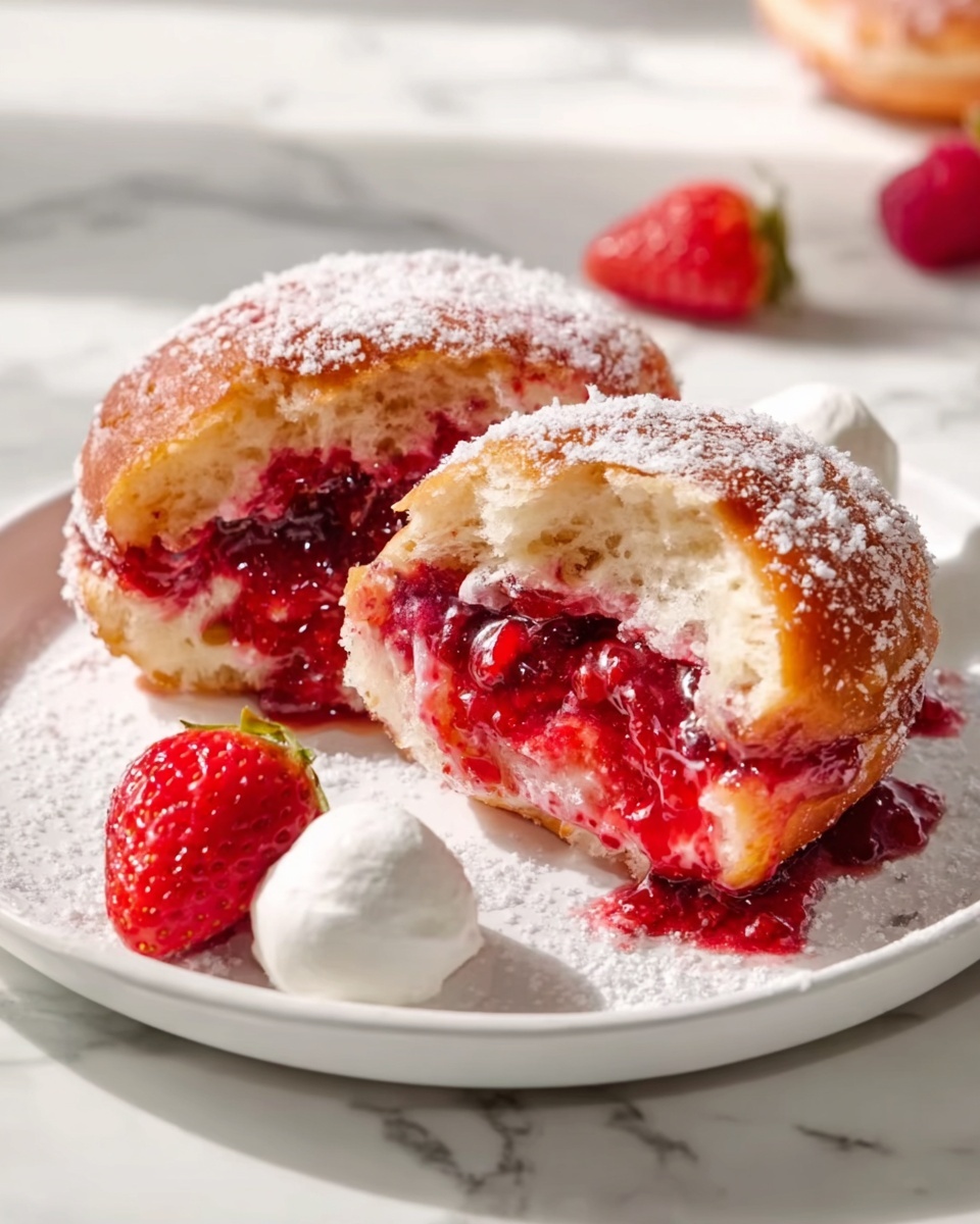 A large white serving tray filled with multiple freshly baked doughnuts generously coated in granulated sugar, each topped with a swirl of smooth white cream, a dollop of vibrant red raspberry jam, and garnished with a single ripe raspberry and a small curly lemon zest, all doughnuts arranged closely together to showcase their full round shapes and consistent decoration, photographed from a 3/4 angle on a white marble surface with natural lighting, styled like a hero shot from a food magazine, photo taken with an iphone --ar 4:5 --v 7