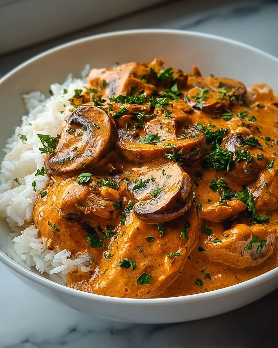 Large white serving bowl filled with creamy mushroom stroganoff, showcasing whole sautéed mushroom caps and tender chunks of meat enveloped in a rich, vibrant orange sauce, garnished generously with fresh chopped parsley, accompanied by a heap of fluffy white rice on the side, the entire dish captured from a 3/4 angle on a white marble countertop with natural lighting, styled like a hero shot from a food magazine, photo taken with an iphone --ar 4:5 --v 7