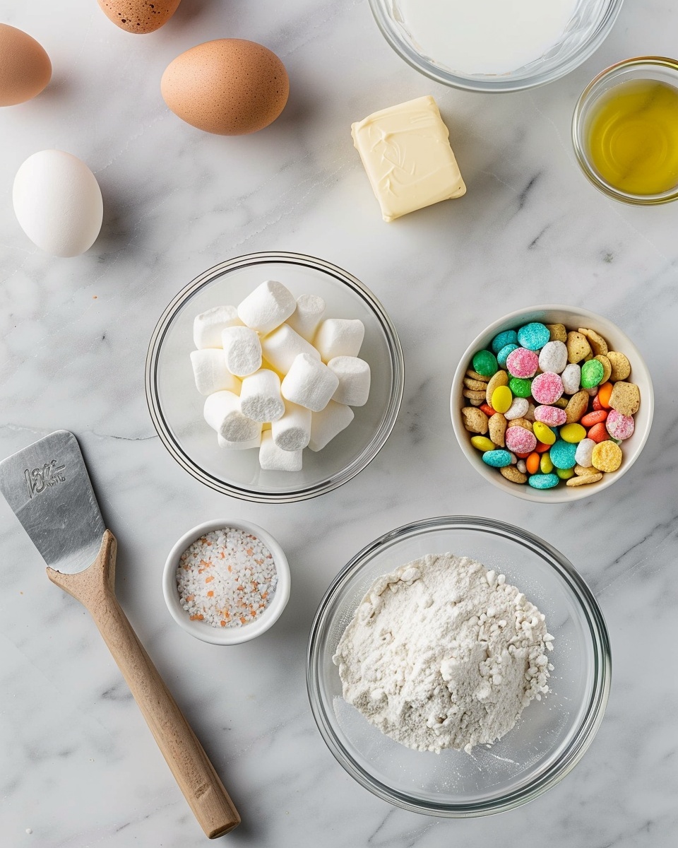 Single white plate presenting a single square portion of a crispy marshmallow rice treat studded with colorful mini marshmallows, shown with a woman's hand gently pulling the piece apart to reveal the stretchy, melted marshmallow strands inside, close-up angled view emphasizing the airy puffed rice texture and vibrant marshmallow shapes, placed on a white marble surface under natural light, styled like an inviting food blog serving, photo taken with an iphone --ar 4:5 --v 7