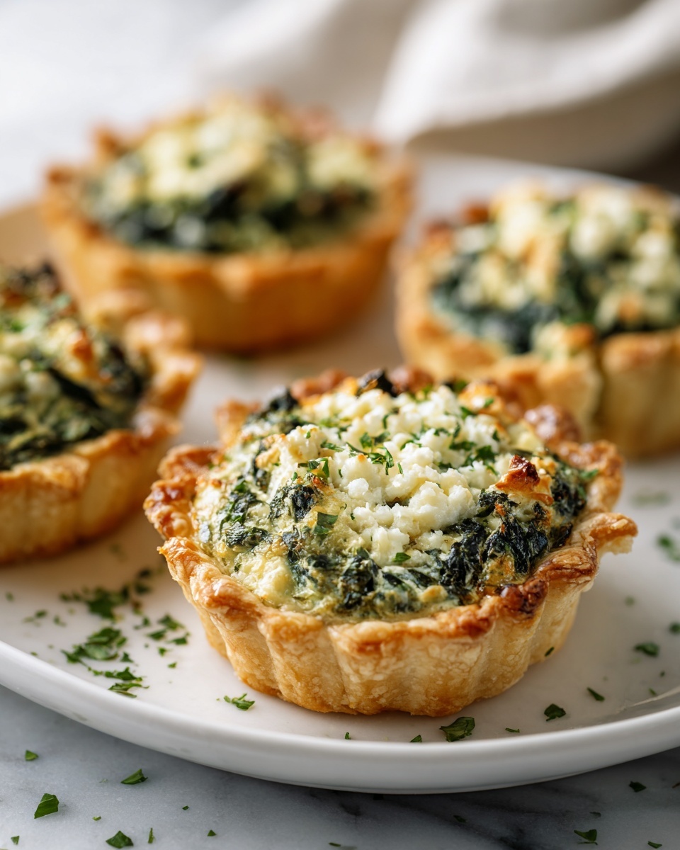 White rectangular serving tray filled with a full dozen golden mini spinach and cheese tartlets, each delicately filled with creamy ricotta and spinach mixture, lightly baked with a crisp, flaky crust, sprinkled with a hint of parmesan and fresh parsley, all arranged neatly and photographed from a 3/4 angle on a white marble countertop with natural lighting, professional food magazine hero shot photo taken with an iphone --ar 4:5 --v 7