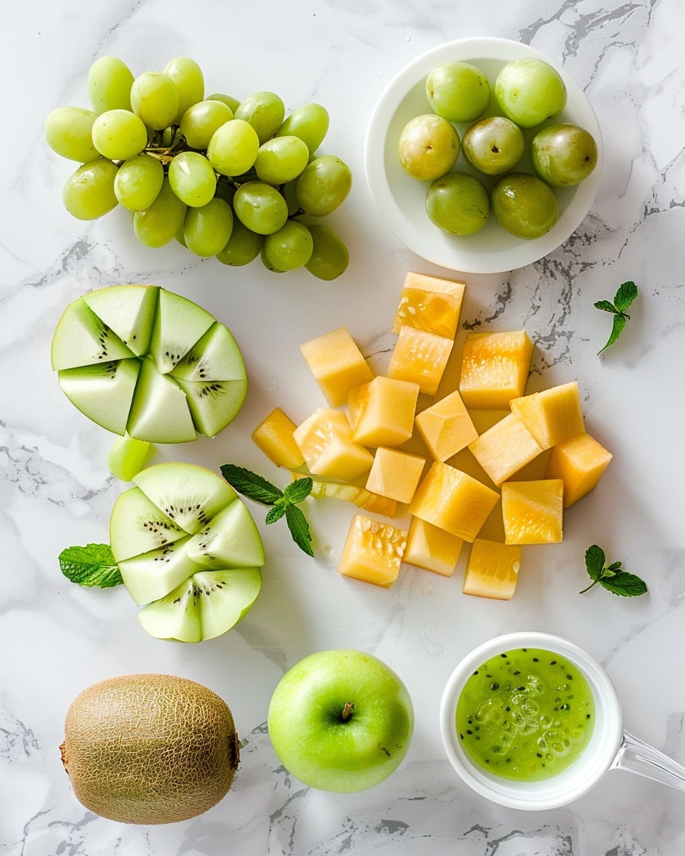 Single white bowl presenting a fresh, single serving of mixed green fruit salad with vibrant sliced kiwi showing the detailed seeds and juicy texture, plump green grapes, and chunks of honeydew melon glistening with moisture, garnished with a few sprigs of fresh mint leaves, all arranged neatly to emphasize natural colors and textures, photographed in natural light on a white marble surface, intimate close-up food blog style photo taken with an iphone --ar 4:5 --v 7
