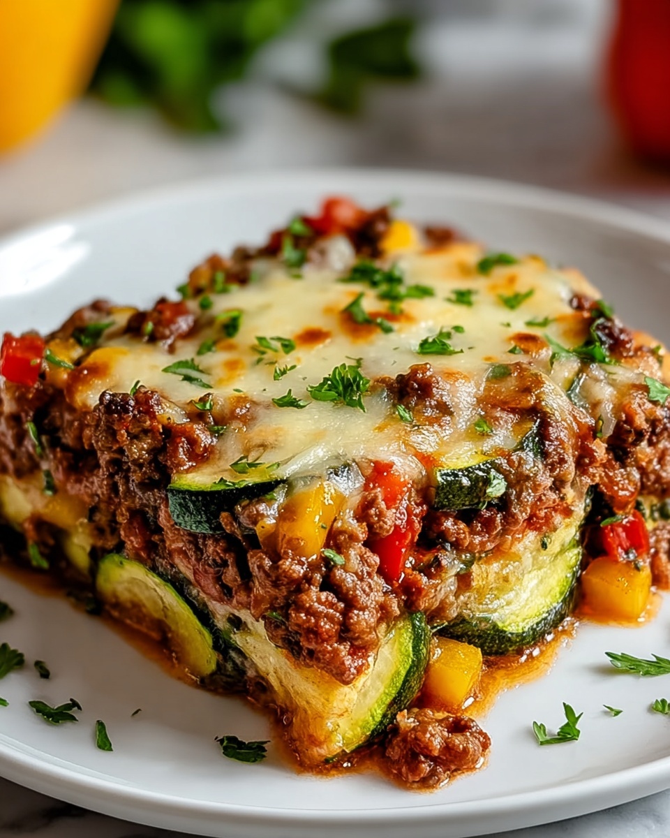 Large white ceramic baking dish filled with whole zucchini lasagna, layered generously with ground beef, mushrooms, red bell peppers, and a blend of melted golden mozzarella and cheddar cheese, fresh parsley sprinkled on top for garnish. The entire baked dish is presented on a white marble countertop, captured in natural light from a 3/4 angle to showcase the rich textures and vibrant colors, professional food magazine style hero shot. Photo taken with an iphone --ar 4:5 --v 7