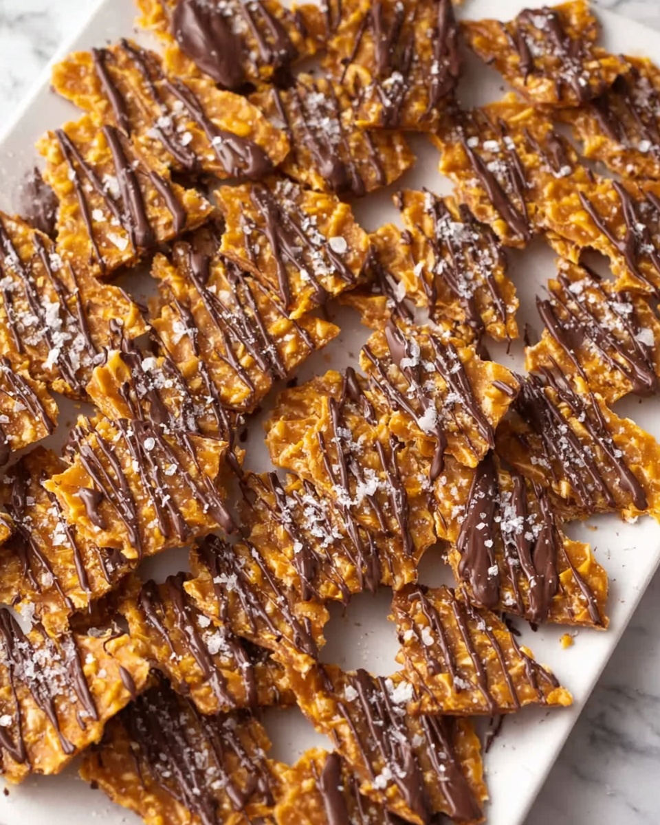 A large white rectangular serving tray filled with the complete batch of homemade toffee crisps, each piece perfectly set and generously drizzled with dark chocolate, sprinkled with flakes of sea salt on top, arranged neatly to show all the individual toffee crisps in their full, whole form. The scene is photographed from a 3/4 angle on a white marble countertop with natural lighting, styled to emphasize the contrasting textures and rich colors of the toffee and chocolate, professional food magazine hero shot, photo taken with an iphone --ar 4:5 --v 7