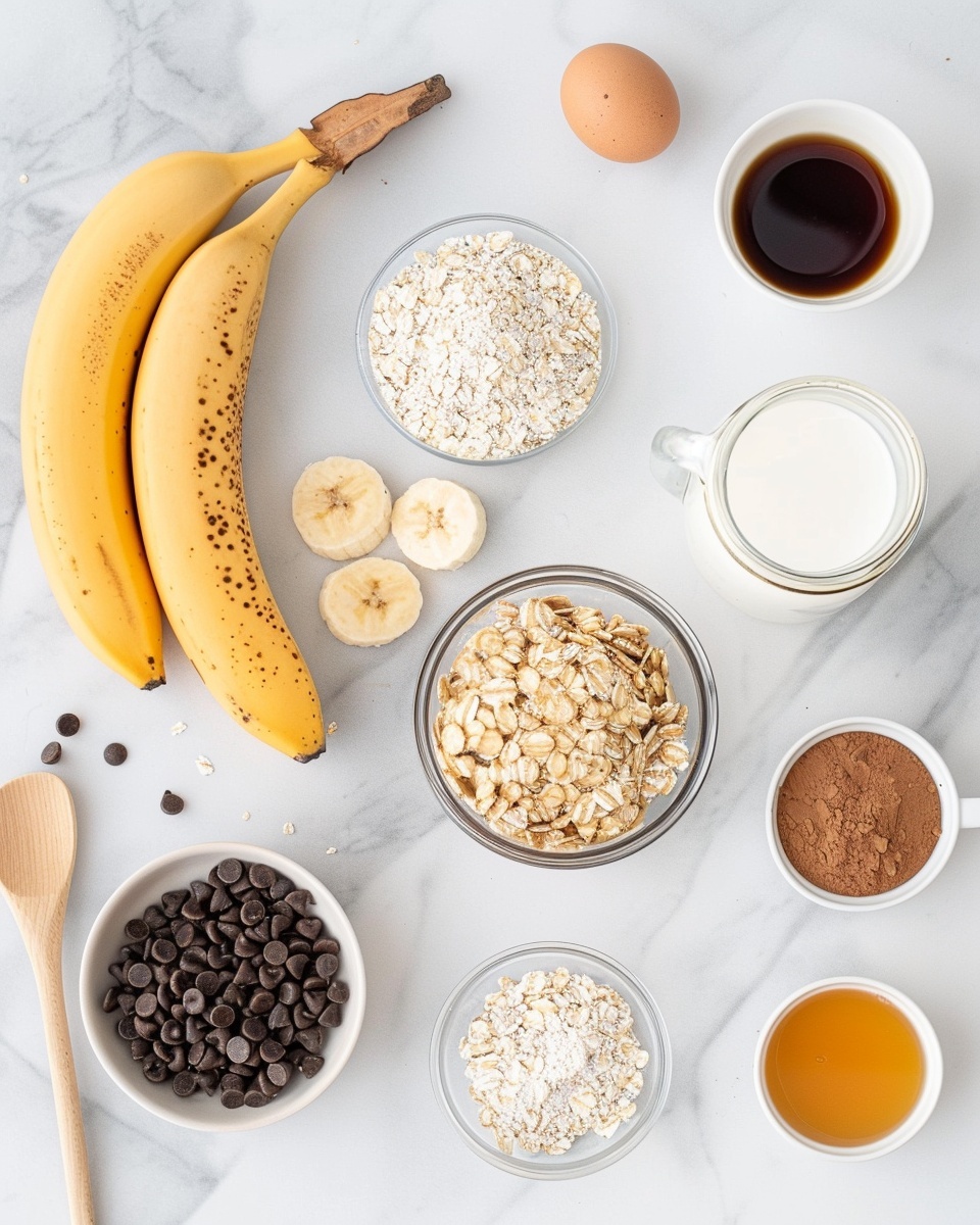 Peanut Butter Banana Baked Oatmeal Cups Recipe 5 A single white plate holding one oatmeal muffin bursting with chocolate chips, sliced in half to reveal the moist, dense interior rich with oats and chocolate, topped neatly with two fresh banana slices, close-up angled shot emphasizing the textured, chewy crumb and scattered chocolate chips, placed on a white marble surface with natural lighting, styled like a cozy food blog serving, photo taken with an iphone --ar 4:5 --v 7