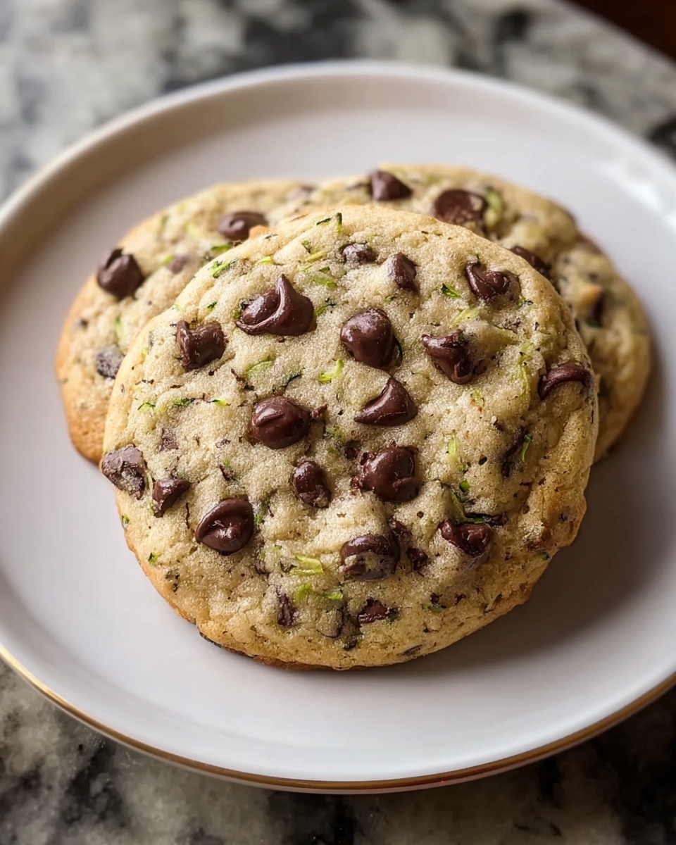Soft Zucchini Cookies with Chocolate Chips Recipe 6 White round plate piled high with freshly baked chocolate chip zucchini cookies, each cookie studded generously with chocolate chips and flecks of green zucchini visible throughout, showcasing a soft and chewy texture, the whole stack presented on a pristine white marble countertop under natural lighting, professional food magazine style hero shot photo taken with an iphone --ar 4:5 --v 7