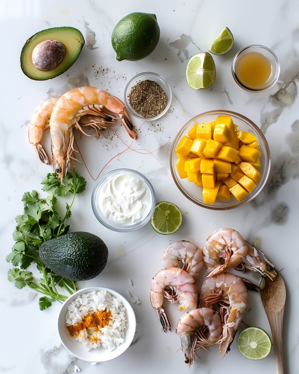 Single white bowl with a close-up view of a vibrant shrimp quinoa bowl featuring a generous serving of perfectly seared shrimp arranged over fluffy quinoa, topped with diced mango mixed with fresh chopped cilantro, creamy avocado slices drizzled with a bright citrus dressing, finely diced red onion and tomato salsa, and a lime wedge on the side, natural lighting highlighting the colors and textures, placed on a white marble surface, intimate plated serving photo taken with an iphone --ar 4:5 --v 7