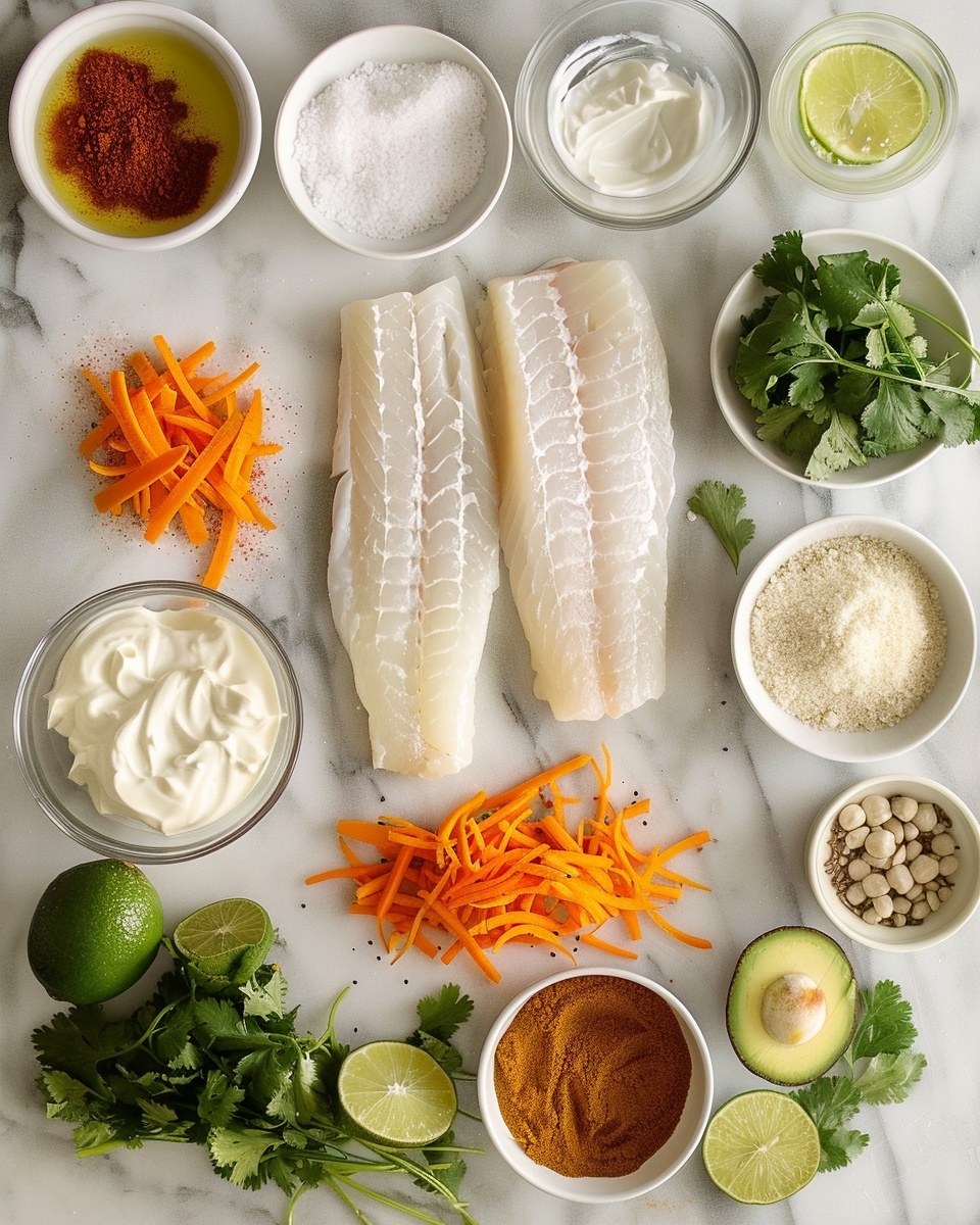 Spicy Lime Fish Tacos Recipe 5 Single white plate with one grilled fish taco, close-up angled view showing tender, charred fish pieces glazed with a deep amber sauce, layered on a soft corn tortilla with fresh shredded cabbage slaw, sliced avocado, chopped cilantro, and a drizzle of creamy green herb sauce, lime wedges in the background on white marble surface, natural lighting highlighting textures and vibrant colors, intimate plated serving photo taken with an iphone --ar 4:5 --v 7