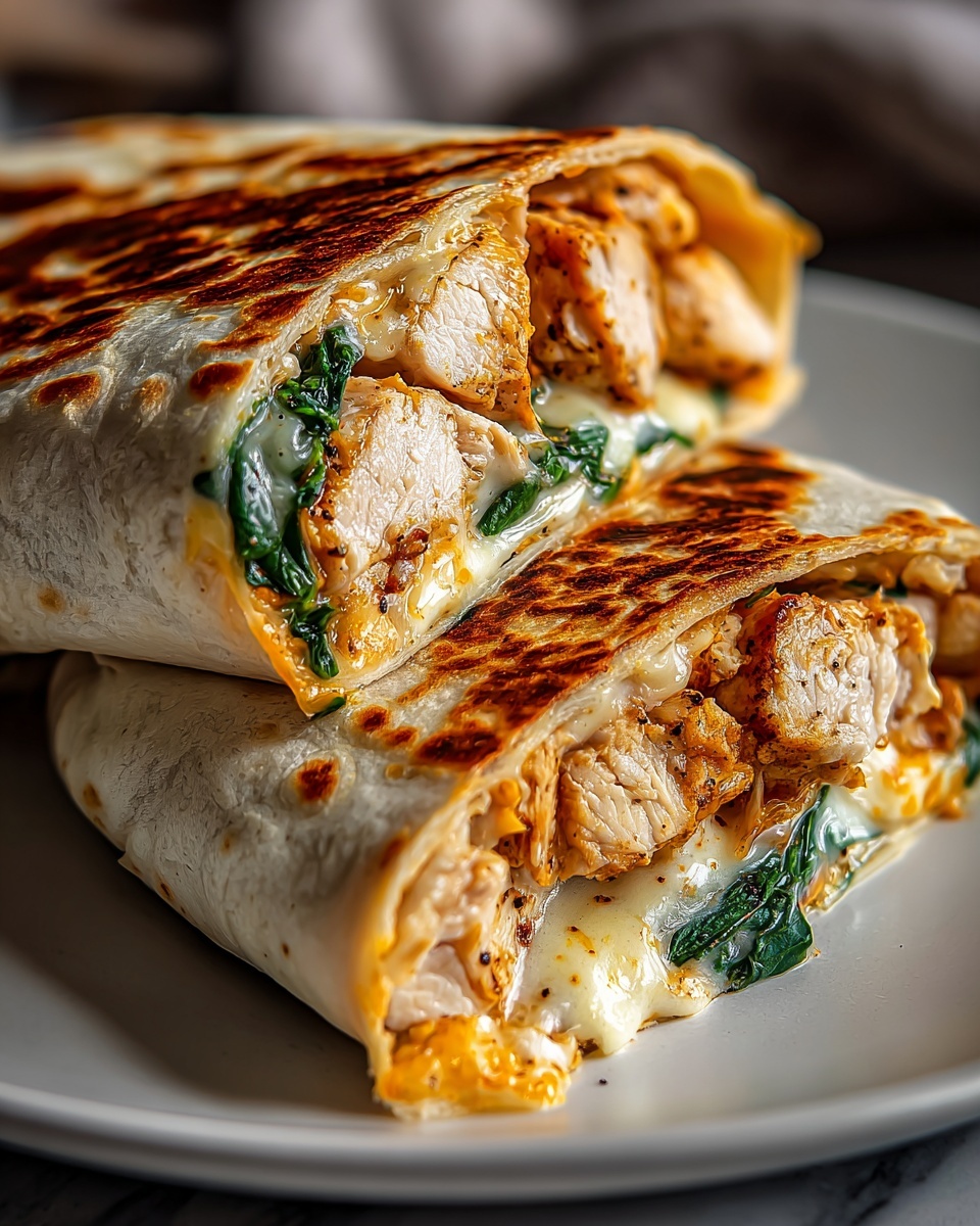 Whole large white plate showcasing a complete chicken wrap, fully wrapped with a golden toasted tortilla, filled generously with tender grilled chicken chunks, creamy herb-infused sauce, and fresh spinach leaves peeking through the edges, presented as an uncut, whole wrap placed on a white marble surface, captured in natural light from a 3/4 angle, styled as a professional food magazine hero shot, photo taken with an iphone --ar 4:5 --v 7