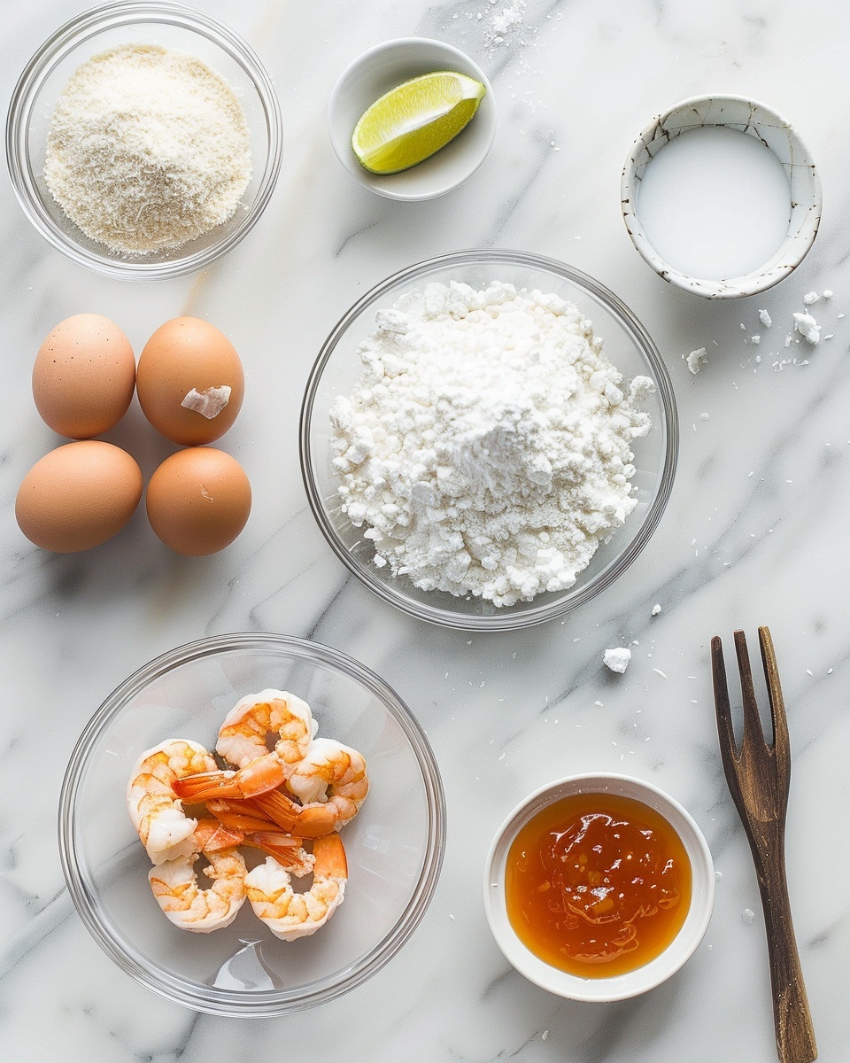 Coconut Shrimp with Sweet Chili Apricot Dipping Sauce Recipe 5 Single white plate featuring a close-up of three golden, crispy coconut shrimp arranged with one shrimp slightly lifted to reveal the crunchy textured coating and tender juicy shrimp inside, accompanied by a small pool of vibrant orange sweet chili dipping sauce on the side, the plate set on a smooth white marble surface with natural lighting, highlighting the contrast between the crispy exterior and the plump shrimp tail, styled as an intimate plated serving photo taken with an iphone --ar 4:5 --v 7