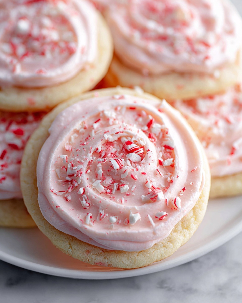 Candy Cane Frosted Cookies Recipe 6 White round platter filled with a full dozen of soft sugar cookies topped with generous swirls of pale pink peppermint frosting and sprinkled with crushed candy canes, arranged neatly in overlapping layers, shot from a 3/4 angle on a white marble surface under natural lighting, styled as a festive dessert display for a food magazine hero shot, photo taken with an iphone --ar 4:5 --v 7
