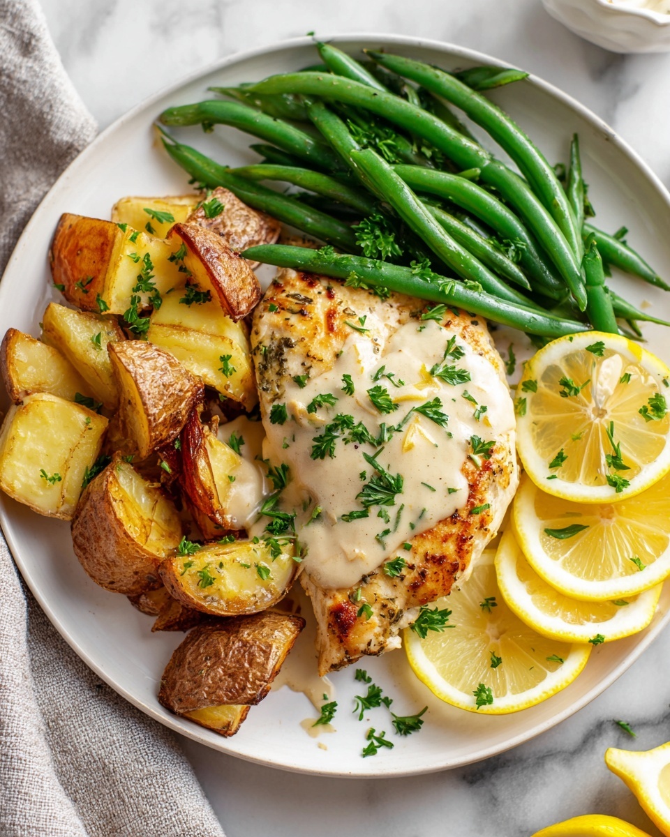 White skillet filled with four whole lemon pepper chicken breasts simmering in a creamy lemon butter sauce, garnished generously with fresh chopped parsley and vibrant lemon slices, the pan resting on a white marble countertop with natural lighting highlighting the glistening sauce and golden chicken, styled like a hero shot from a food magazine, photo taken with an iphone --ar 4:5 --v 7