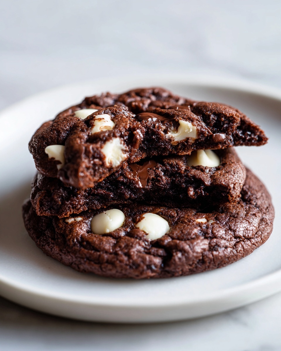 Inside Out Chocolate Chip Cookies Recipe 6 Large white rectangular baking tray filled with freshly baked dark chocolate cookies studded with white chocolate chips, arranged closely together in neat rows, rich texture visible with slight cracks on shiny tops, whole batch photographed from above on white marble countertop, natural lighting, professional food magazine hero shot photo taken with an iphone --ar 4:5 --v 7
