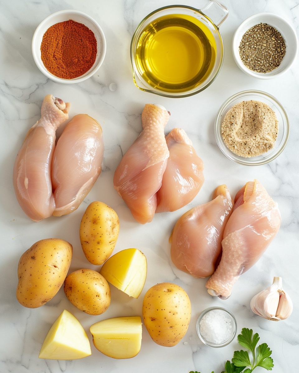 Single white plate with a beautifully plated portion of seasoned, golden-brown cooked chicken paired with chunky, tender boiled potatoes garnished with freshly chopped chives, close-up angle highlighting the subtle texture and spices on the chicken surface and the soft, flaky interior of the potatoes, natural lighting emphasizing the warm colors, displayed on a white marble countertop, styled like a food blog single serving presentation photo taken with an iphone --ar 4:5 --v 7
