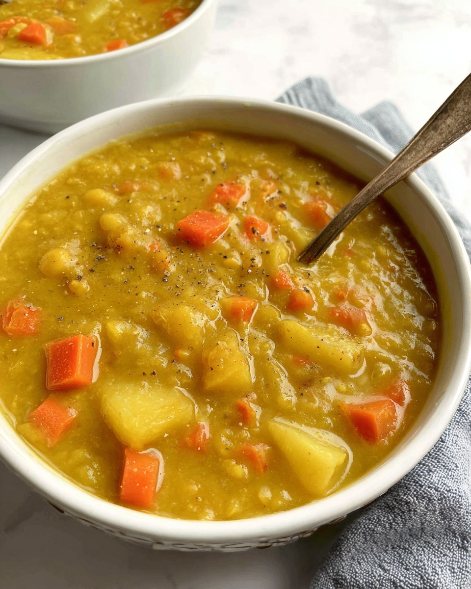 Large white enamel cast iron pot filled with thick and hearty yellow split pea soup, richly textured with tender chunks of carrot, potato, and celery, whole bay leaves floating on top and sprinkled with cracked black pepper, glossy surface catching natural light, placed on a pristine white marble countertop, captured from a professional 3/4 angle to showcase the entire steaming pot, styled as a hero shot from a food magazine, photo taken with an iphone --ar 4:5 --v 7