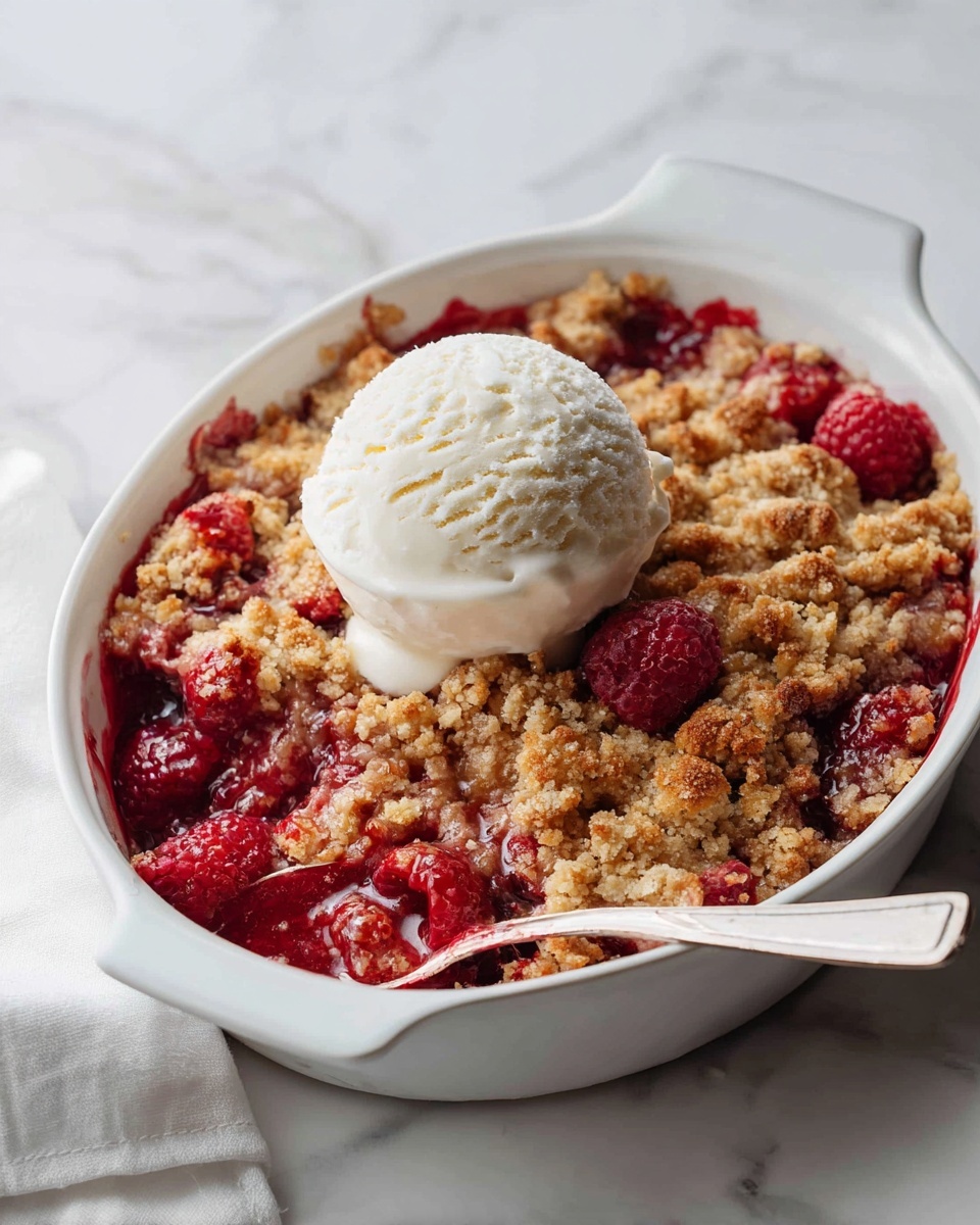 Raspberry Crisp Recipe 6 Large white ceramic baking dish filled with a whole freshly baked raspberry crumble, showcasing a golden-brown crispy topping with visible juicy raspberries peeking through, garnished with a perfect scoop of vanilla ice cream melting slightly on top, set on a white marble countertop with natural lighting, styled as an inviting hero shot from a food magazine, photo taken with an iphone --ar 4:5 --v 7