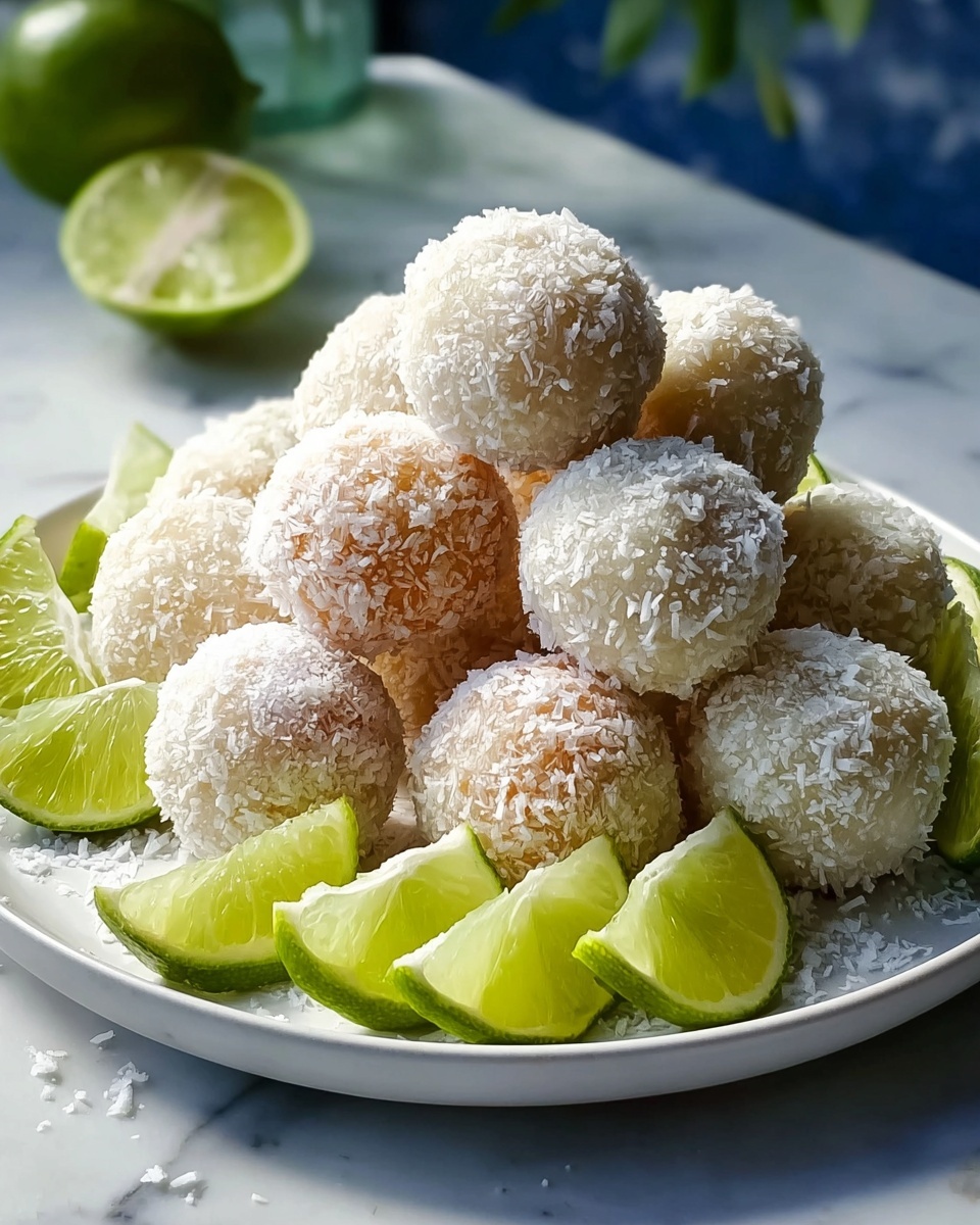 Margarita Balls Recipe 6 Large white serving plate heaped with whole round sugar-coated lime coconut ladoos, each one perfectly coated in coarse sugar crystals, garnished with fresh lime wedges arranged around the mound, photographed from a slight 3/4 angle with natural lighting on a white marble countertop, styled for a professional food magazine hero shot, photo taken with an iphone --ar 4:5 --v 7