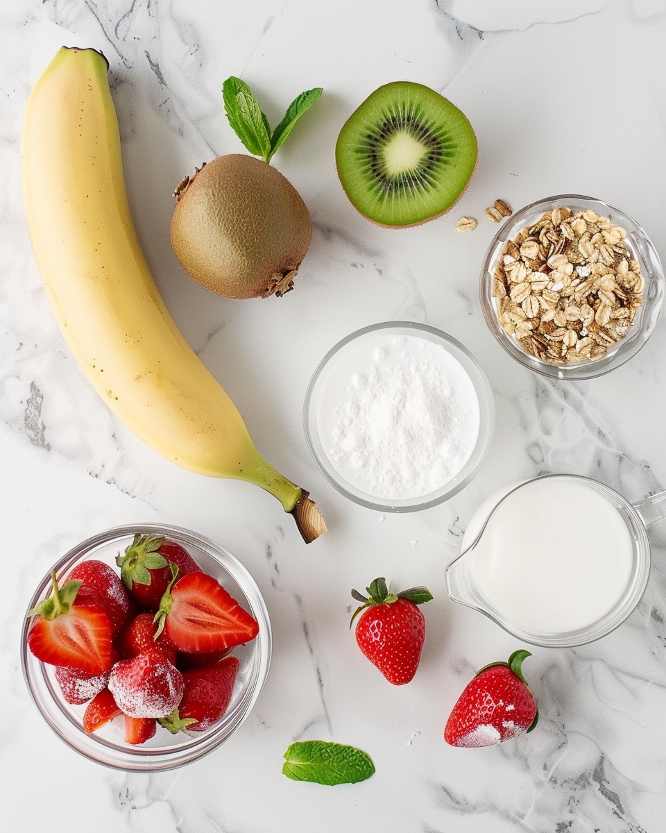 Single white bowl with a smooth serving of pink smoothie topped with an artful arrangement of three vibrant kiwi slices, thinly sliced fresh strawberries, crunchy granola clusters, and a delicate sprinkle of shredded coconut, garnished with fresh green mint leaves, close-up angled view emphasizing the creamy texture and colorful fresh fruit contrast, natural lighting on white marble surface, styled as an inviting individual portion ready to eat, photo taken with an iphone --ar 4:5 --v 7